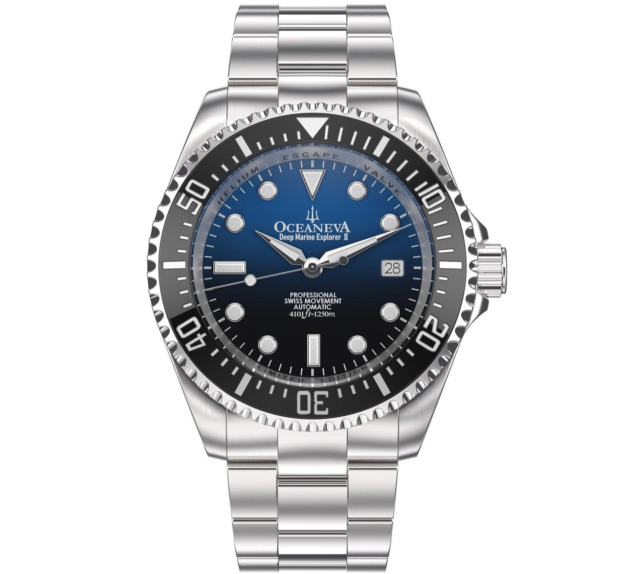 Oceaneva Men's Deep Marine Explorer II1250M Pro Diver Watch Blue Black Watch Black Bezel - BKIIHBLBST 1000M, 1250M, 316L Stainless Steel Watch, Automatic Watch, BGW9 Swiss-Superluminova, Ceramic Bezel, Dive Watch, Sw200-1 Swiss Automatic Movement