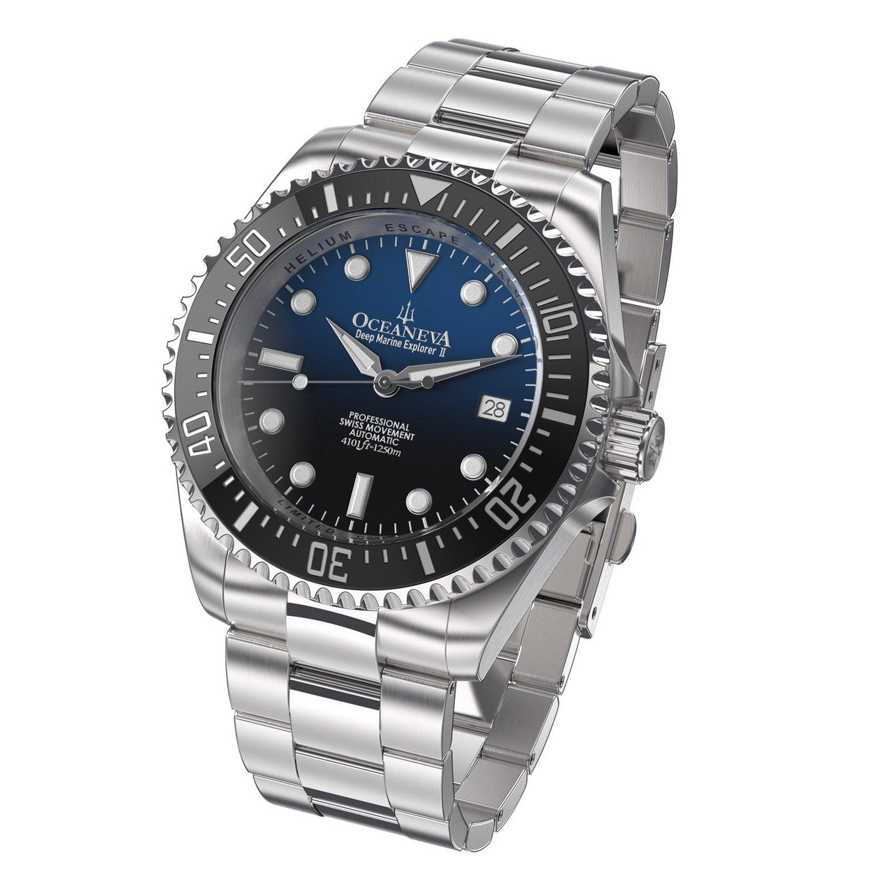 Oceaneva Men's Deep Marine Explorer II1250M Pro Diver Watch Blue Black Watch Black Bezel - BKIIHBLBST 1000M, 1250M, 316L Stainless Steel Watch, Automatic Watch, BGW9 Swiss-Superluminova, Ceramic Bezel, Dive Watch, Sw200-1 Swiss Automatic Movement