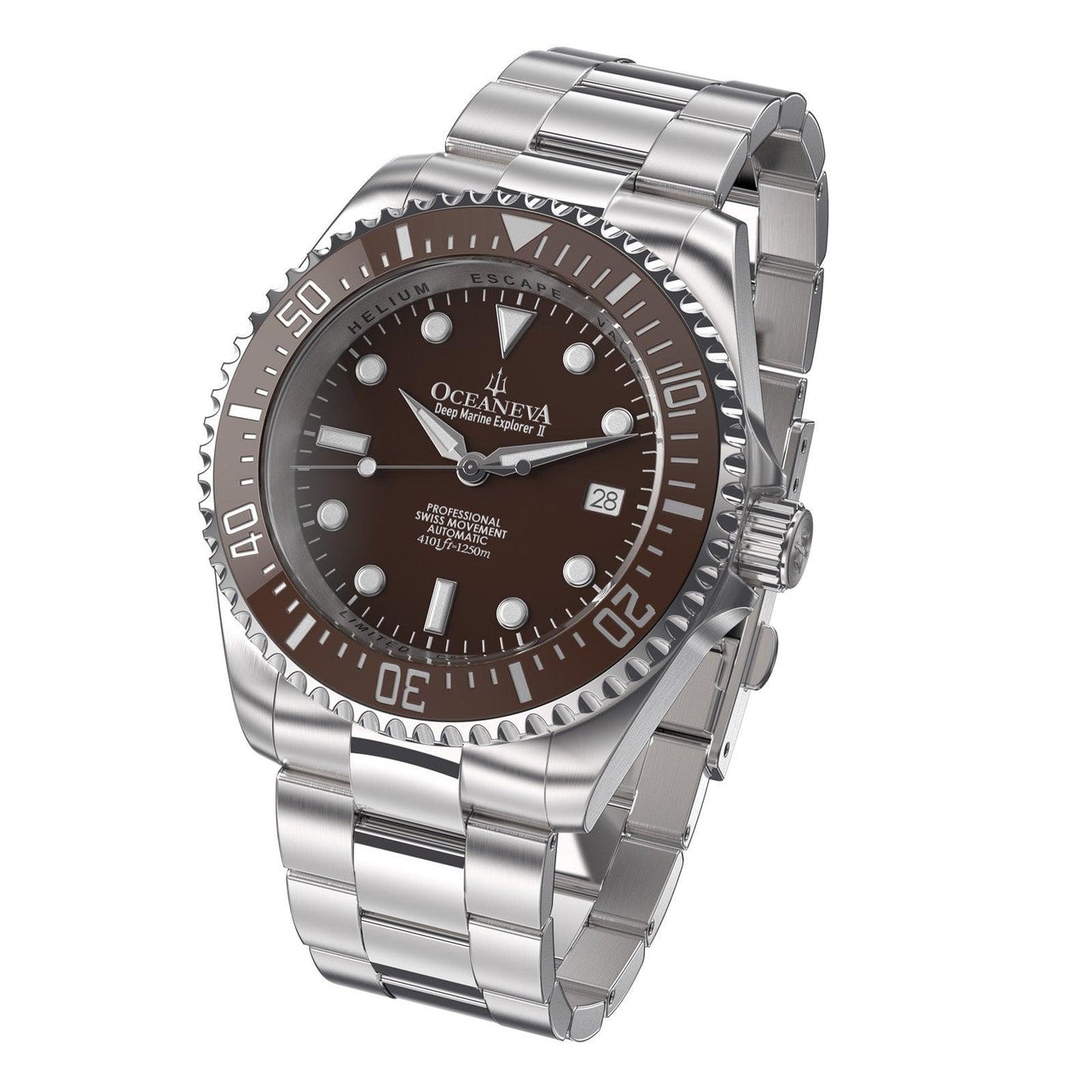 Oceaneva Men's Deep Marine Explorer II1250M Pro Diver Watch Brown - BRII200BRST 1000M, 1250M, 316L Stainless Steel Watch, Automatic Watch, BGW9 Swiss-Superluminova, Ceramic Bezel, Dive Watch, Sw200-1 Swiss Automatic Movement