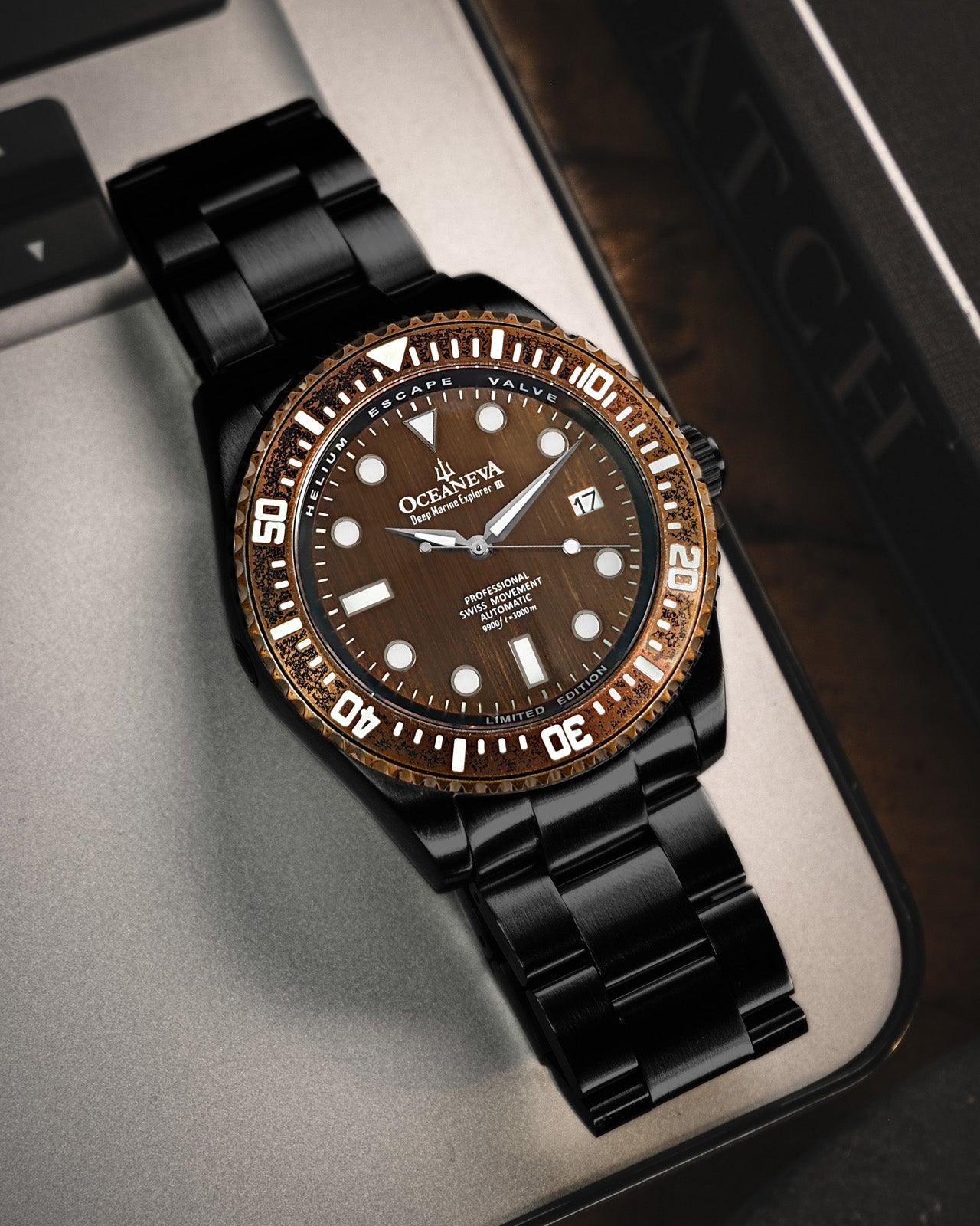 Oceaneva Men's Deep Marine Explorer III 3000M Pro Diver Watch Aged Bronze Dial Black IP - BRIIIBRZ200BK 3000m, 3000M Dive Watch, 316L Stainless Steel, Automatic Watch, BGW9 Swiss Super-Luminova, Dive Watch, Sw200-1 Swiss Automatic Movement