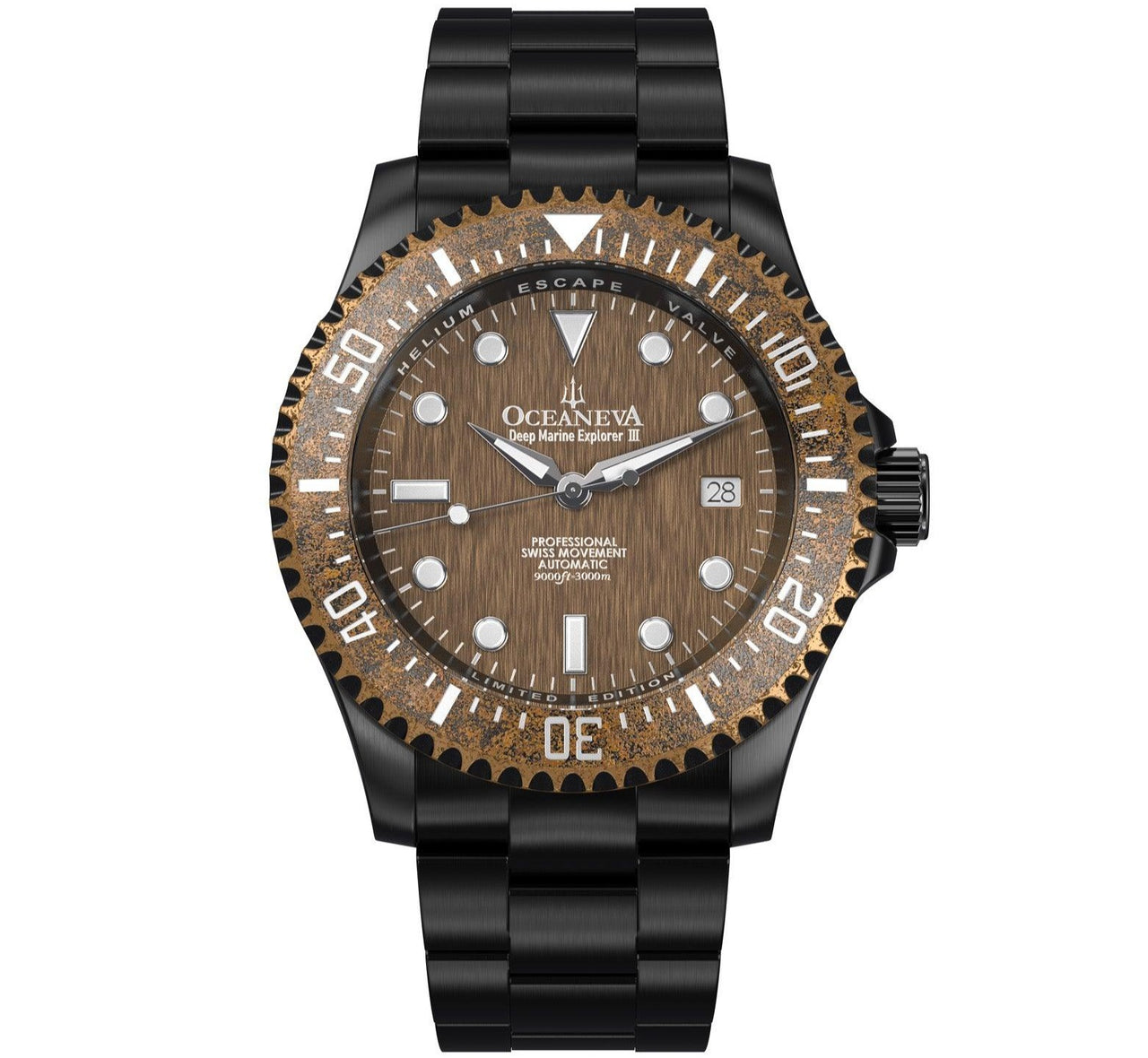 Oceaneva Men's Deep Marine Explorer III 3000M Pro Diver Watch Aged Bronze Dial Black IP - BRIIIBRZ200BK 3000m, 3000M Dive Watch, 316L Stainless Steel, Automatic Watch, BGW9 Swiss Super-Luminova, Dive Watch, Sw200-1 Swiss Automatic Movement