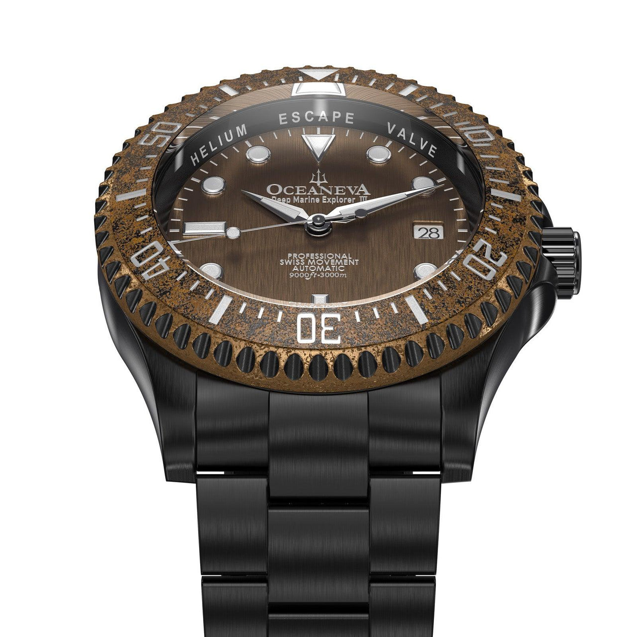 Oceaneva Men's Deep Marine Explorer III 3000M Pro Diver Watch Aged Bronze Dial Black IP - BRIIIBRZ200BK 3000m, 3000M Dive Watch, 316L Stainless Steel, Automatic Watch, BGW9 Swiss Super-Luminova, Dive Watch, Sw200-1 Swiss Automatic Movement