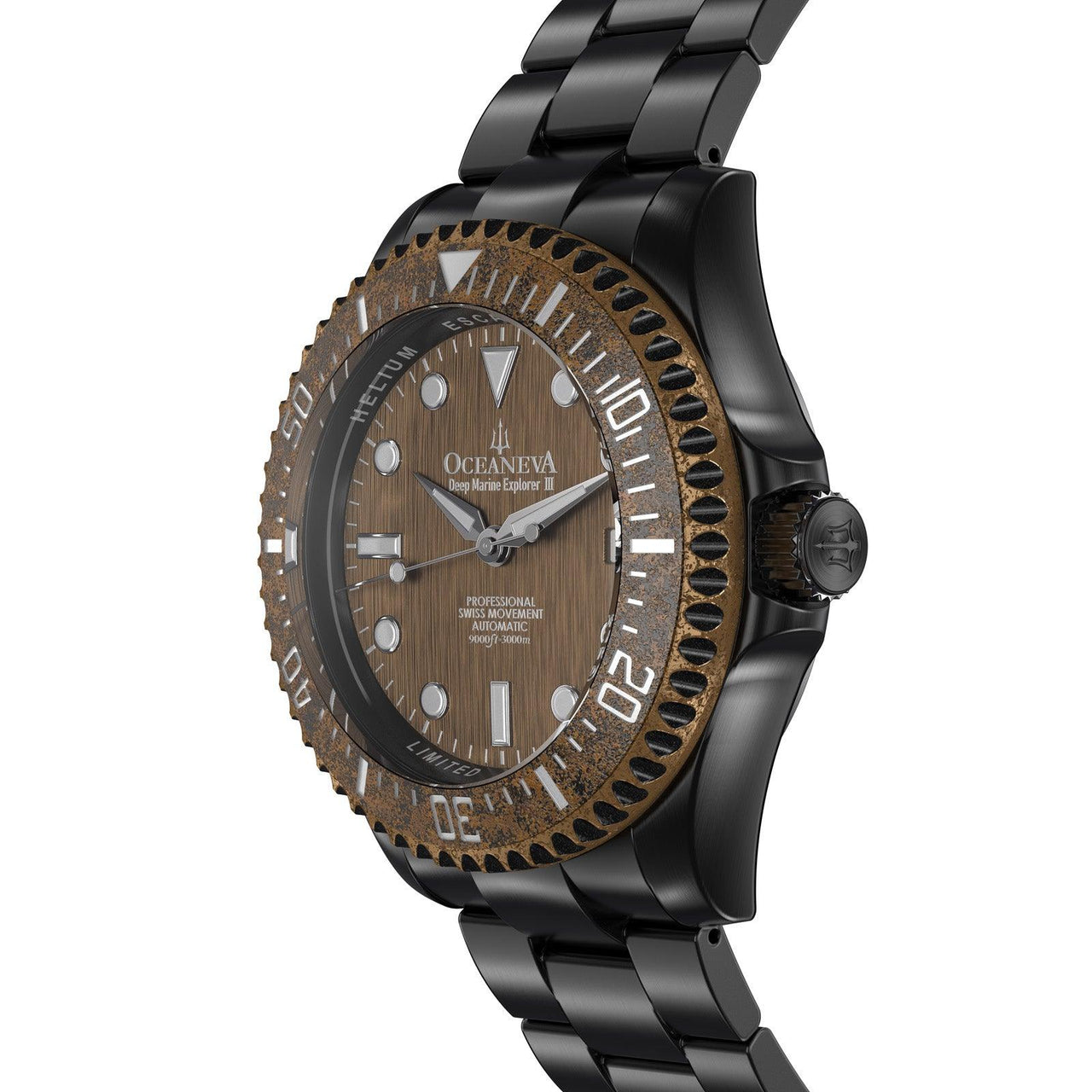 Oceaneva Men's Deep Marine Explorer III 3000M Pro Diver Watch Aged Bronze Dial Black IP - BRIIIBRZ200BK 3000m, 3000M Dive Watch, 316L Stainless Steel, Automatic Watch, BGW9 Swiss Super-Luminova, Dive Watch, Sw200-1 Swiss Automatic Movement