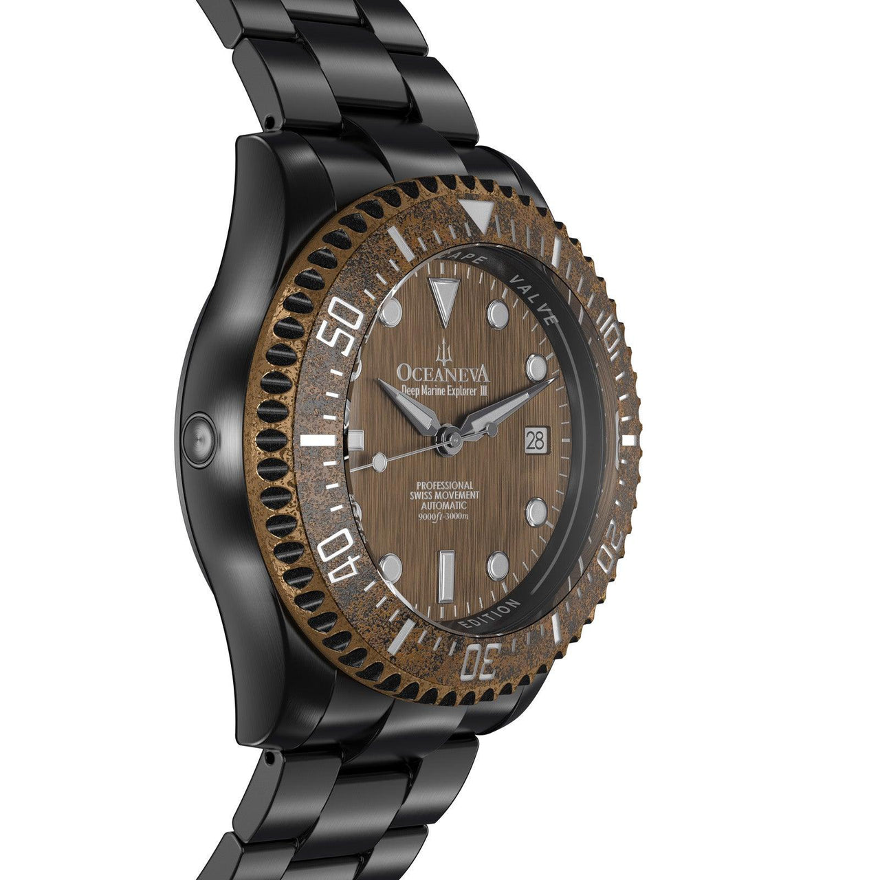 Oceaneva Men's Deep Marine Explorer III 3000M Pro Diver Watch Aged Bronze Dial Black IP - BRIIIBRZ200BK 3000m, 3000M Dive Watch, 316L Stainless Steel, Automatic Watch, BGW9 Swiss Super-Luminova, Dive Watch, Sw200-1 Swiss Automatic Movement