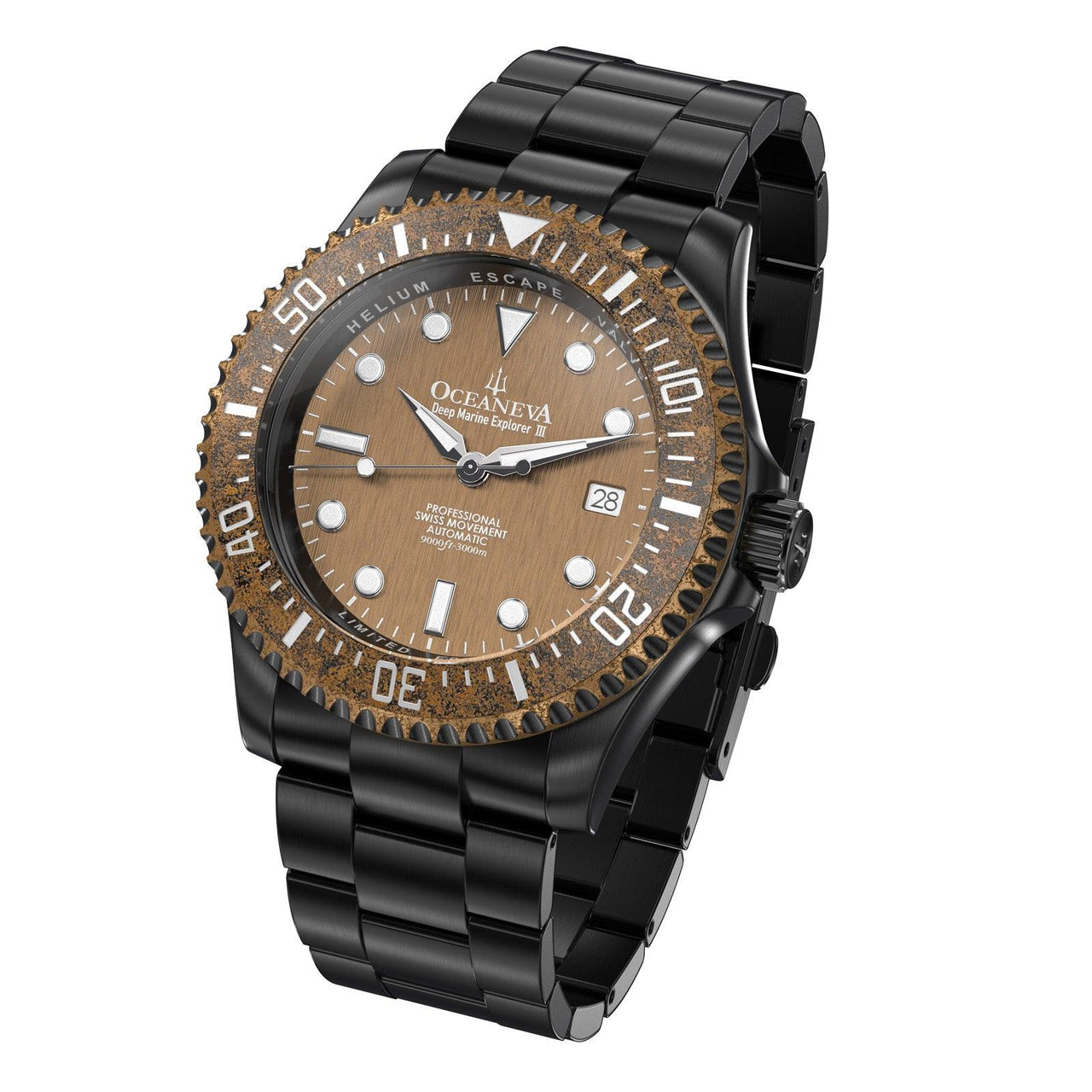 Oceaneva Men's Deep Marine Explorer III 3000M Pro Diver Watch Aged Bronze Dial Black IP - BRIIIBRZ200BK 3000m, 3000M Dive Watch, 316L Stainless Steel, Automatic Watch, BGW9 Swiss Super-Luminova, Dive Watch, Sw200-1 Swiss Automatic Movement