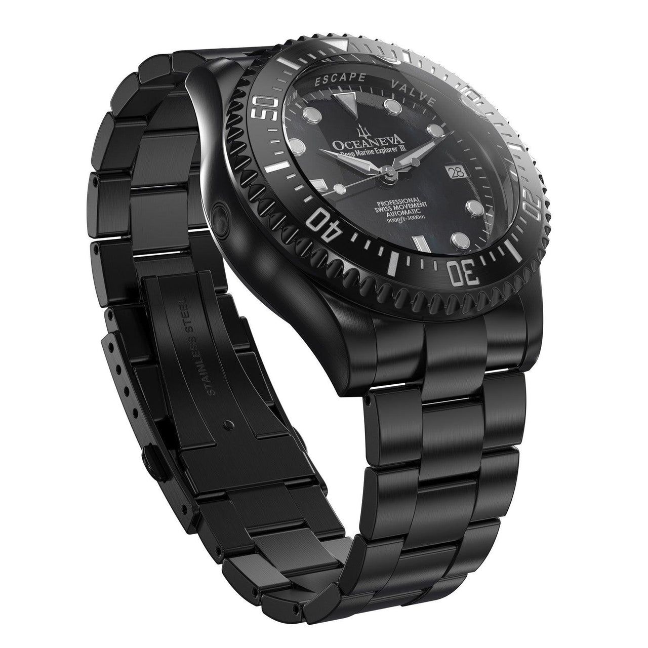 Oceaneva Men's Deep Marine Explorer III 3000M Pro Diver Watch Black Mother Of Pearl Dial Black IP - BKIIIBKMP200BK 3000m, 3000M Dive Watch, 316L Stainless Steel, Automatic Watch, BGW9 Swiss Super-Luminova, Dive Watch, Sw200-1 Swiss Automatic Movement