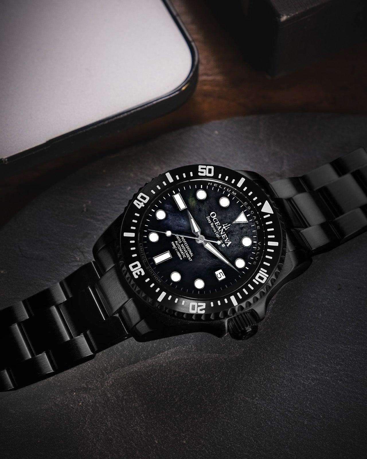 Oceaneva Men's Deep Marine Explorer III 3000M Pro Diver Watch Black Mother Of Pearl Dial Black IP - BKIIIBKMP200BK 3000m, 3000M Dive Watch, 316L Stainless Steel, Automatic Watch, BGW9 Swiss Super-Luminova, Dive Watch, Sw200-1 Swiss Automatic Movement