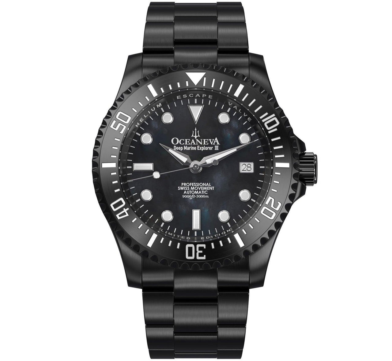 Oceaneva Men's Deep Marine Explorer III 3000M Pro Diver Watch Black Mother Of Pearl Dial Black IP - BKIIIBKMP200BK 3000m, 3000M Dive Watch, 316L Stainless Steel, Automatic Watch, BGW9 Swiss Super-Luminova, Dive Watch, Sw200-1 Swiss Automatic Movement