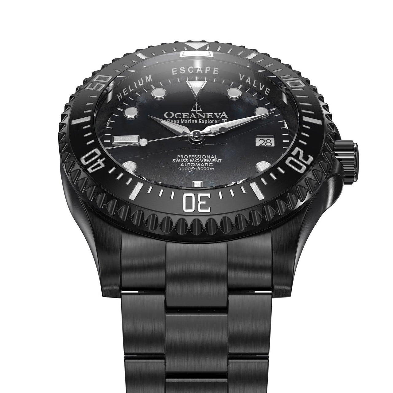 Oceaneva Men's Deep Marine Explorer III 3000M Pro Diver Watch Black Mother Of Pearl Dial Black IP - BKIIIBKMP200BK 3000m, 3000M Dive Watch, 316L Stainless Steel, Automatic Watch, BGW9 Swiss Super-Luminova, Dive Watch, Sw200-1 Swiss Automatic Movement