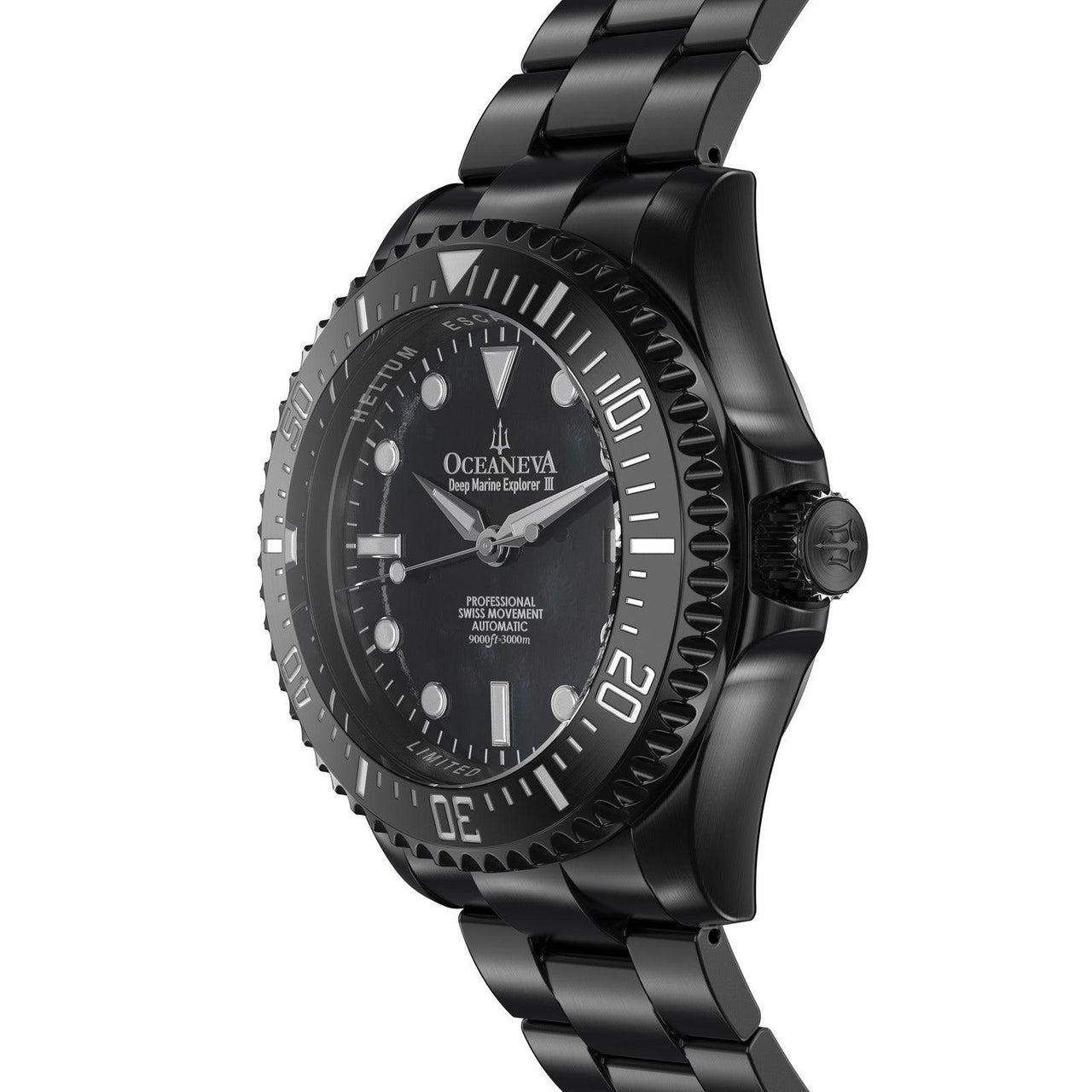 Oceaneva Men's Deep Marine Explorer III 3000M Pro Diver Watch Black Mother Of Pearl Dial Black IP - BKIIIBKMP200BK 3000m, 3000M Dive Watch, 316L Stainless Steel, Automatic Watch, BGW9 Swiss Super-Luminova, Dive Watch, Sw200-1 Swiss Automatic Movement