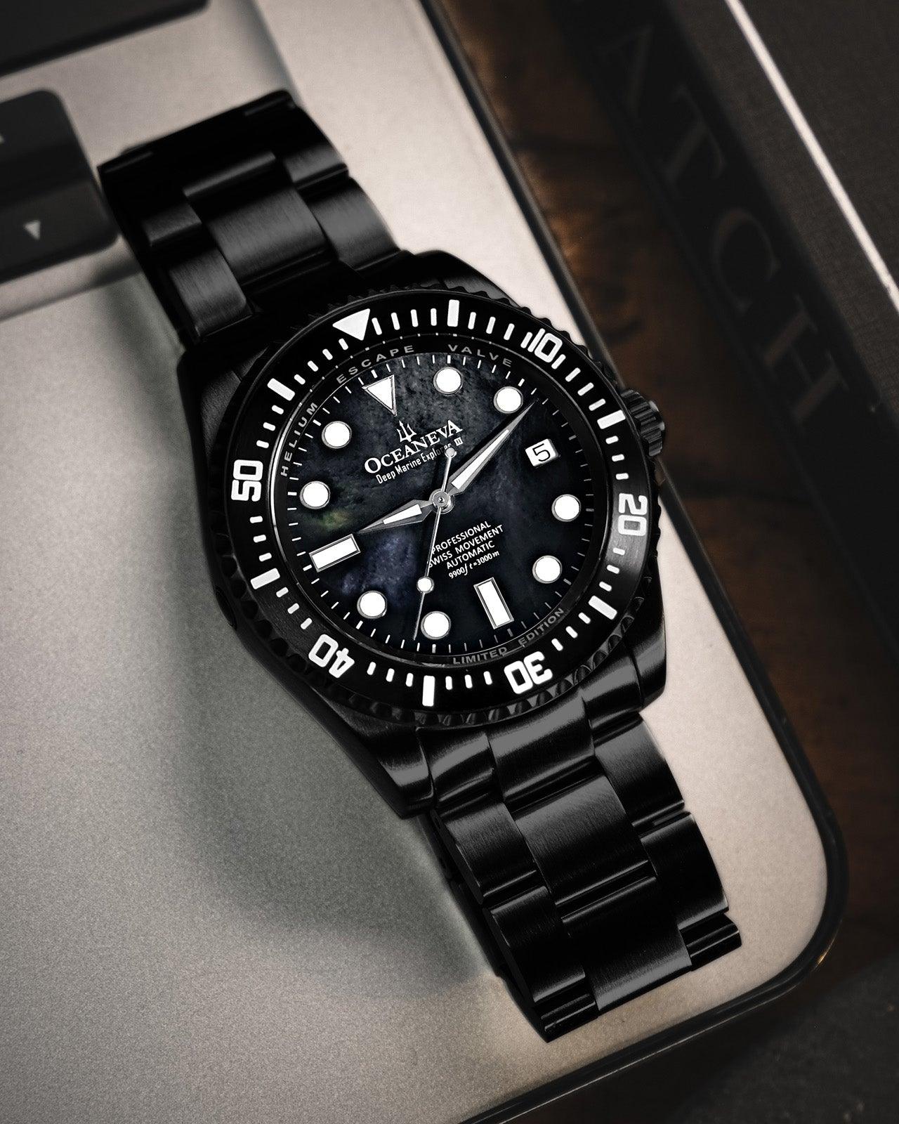 Oceaneva Men's Deep Marine Explorer III 3000M Pro Diver Watch Black Mother Of Pearl Dial Black IP - BKIIIBKMP200BK 3000m, 3000M Dive Watch, 316L Stainless Steel, Automatic Watch, BGW9 Swiss Super-Luminova, Dive Watch, Sw200-1 Swiss Automatic Movement