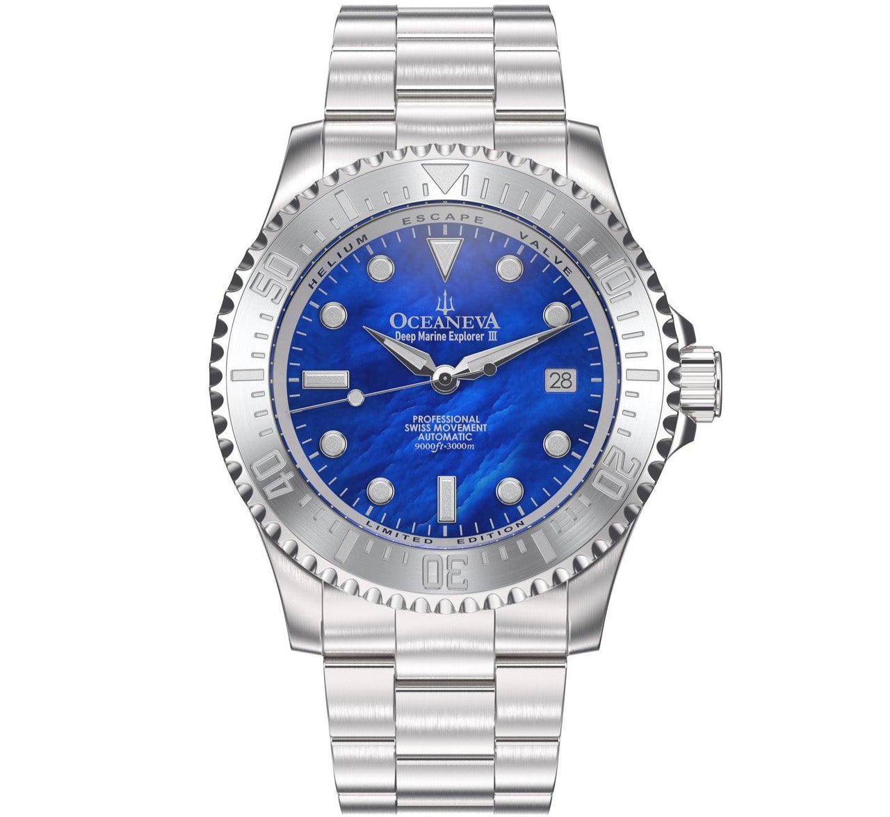 Oceaneva Men's Deep Marine Explorer III 3000M Pro Diver Watch Blue Mother Of Pearl Dial - BKIIIBLMP200ST 3000m, 3000M Dive Watch, 316L Stainless Steel, Automatic Watch, BGW9 Swiss Super-Luminova, Dive Watch, Sw200-1 Swiss Automatic Movement