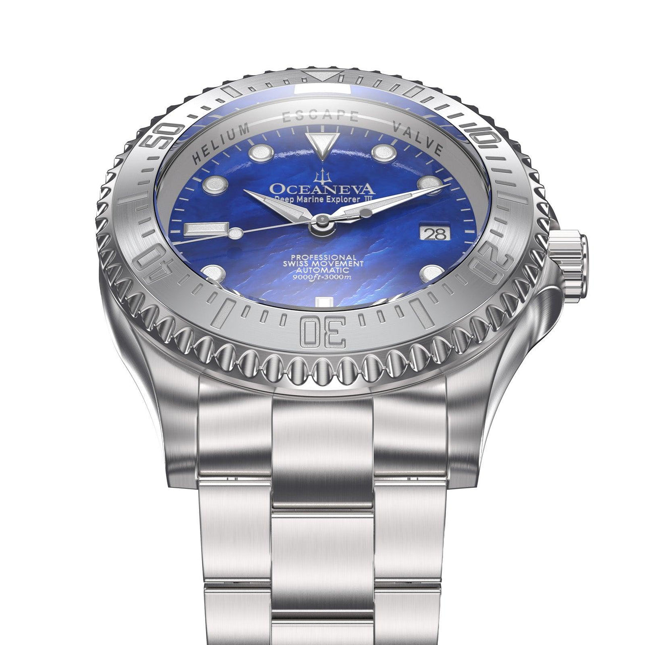 Oceaneva Men's Deep Marine Explorer III 3000M Pro Diver Watch Blue Mother Of Pearl Dial - BKIIIBLMP200ST 3000m, 3000M Dive Watch, 316L Stainless Steel, Automatic Watch, BGW9 Swiss Super-Luminova, Dive Watch, Sw200-1 Swiss Automatic Movement