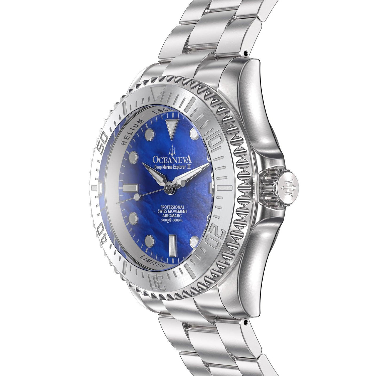 Oceaneva Men's Deep Marine Explorer III 3000M Pro Diver Watch Blue Mother Of Pearl Dial - BKIIIBLMP200ST 3000m, 3000M Dive Watch, 316L Stainless Steel, Automatic Watch, BGW9 Swiss Super-Luminova, Dive Watch, Sw200-1 Swiss Automatic Movement