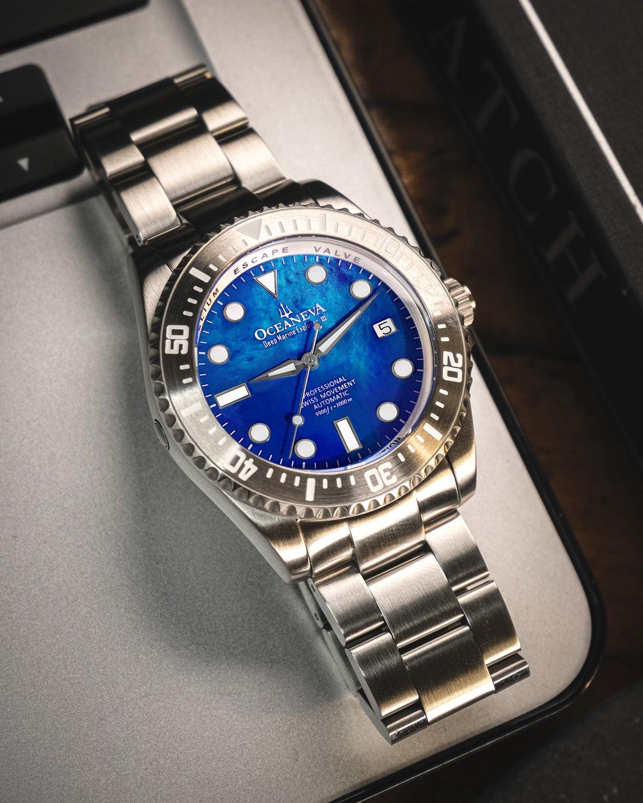 Oceaneva Men's Deep Marine Explorer III 3000M Pro Diver Watch Blue Mother Of Pearl Dial - BKIIIBLMP200ST 3000m, 3000M Dive Watch, 316L Stainless Steel, Automatic Watch, BGW9 Swiss Super-Luminova, Dive Watch, Sw200-1 Swiss Automatic Movement