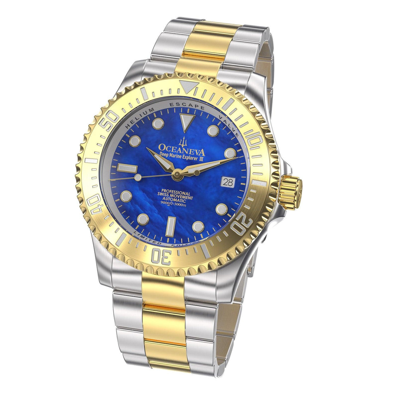 Oceaneva Men's Deep Marine Explorer III 3000M Pro Diver Watch Blue Mother of Pearl Dial Yellow Gold - YGIIIBLMP200BK 3000m, 3000M Dive Watch, 316L Stainless Steel, Automatic Watch, BGW9 Swiss Super-Luminova, Dive Watch, Sw-200 Swiss Made Automatic Movement, Sw200-1 Swiss Automatic Movement, Yellow Gold Watch