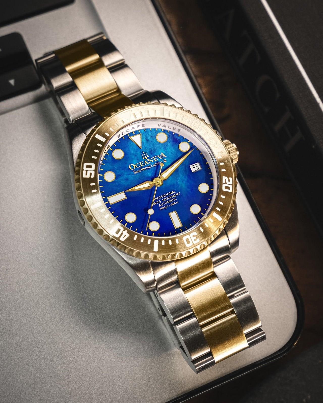 Oceaneva Men's Deep Marine Explorer III 3000M Pro Diver Watch Blue Mother of Pearl Dial Yellow Gold - YGIIIBLMP200BK 3000m, 3000M Dive Watch, 316L Stainless Steel, Automatic Watch, BGW9 Swiss Super-Luminova, Dive Watch, Sw-200 Swiss Made Automatic Movement, Sw200-1 Swiss Automatic Movement, Yellow Gold Watch