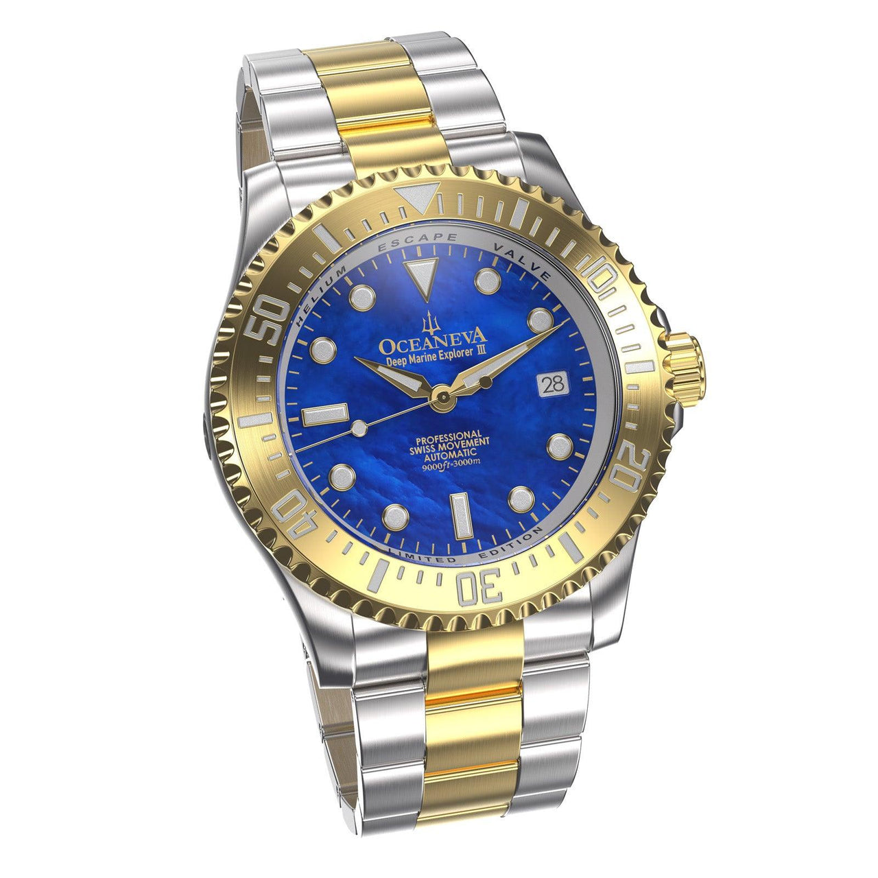 Oceaneva Men's Deep Marine Explorer III 3000M Pro Diver Watch Blue Mother of Pearl Dial Yellow Gold - YGIIIBLMP200BK 3000m, 3000M Dive Watch, 316L Stainless Steel, Automatic Watch, BGW9 Swiss Super-Luminova, Dive Watch, Sw-200 Swiss Made Automatic Movement, Sw200-1 Swiss Automatic Movement, Yellow Gold Watch