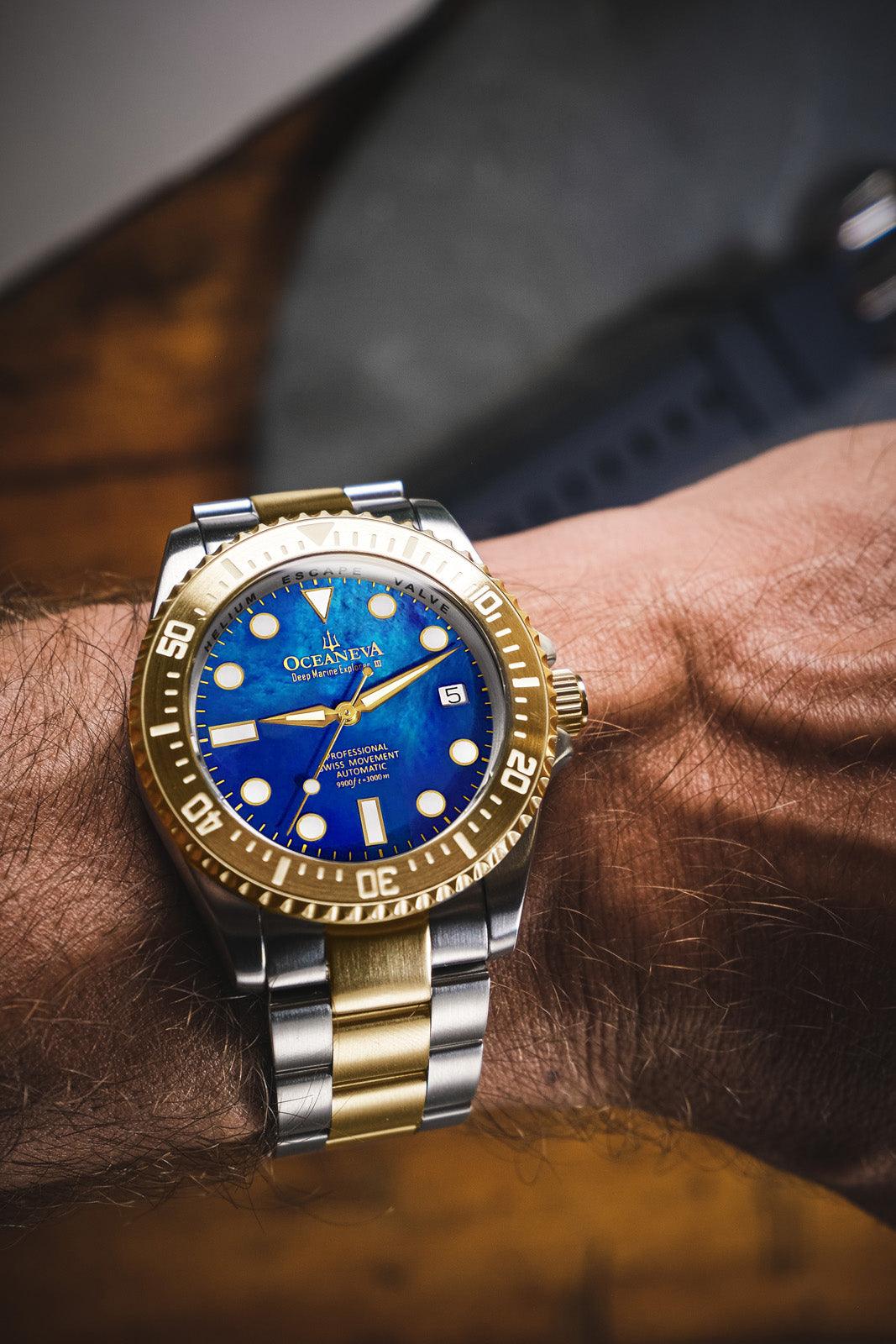 Oceaneva Men's Deep Marine Explorer III 3000M Pro Diver Watch Blue Mother of Pearl Dial Yellow Gold - YGIIIBLMP200BK 3000m, 3000M Dive Watch, 316L Stainless Steel, Automatic Watch, BGW9 Swiss Super-Luminova, Dive Watch, Sw-200 Swiss Made Automatic Movement, Sw200-1 Swiss Automatic Movement, Yellow Gold Watch