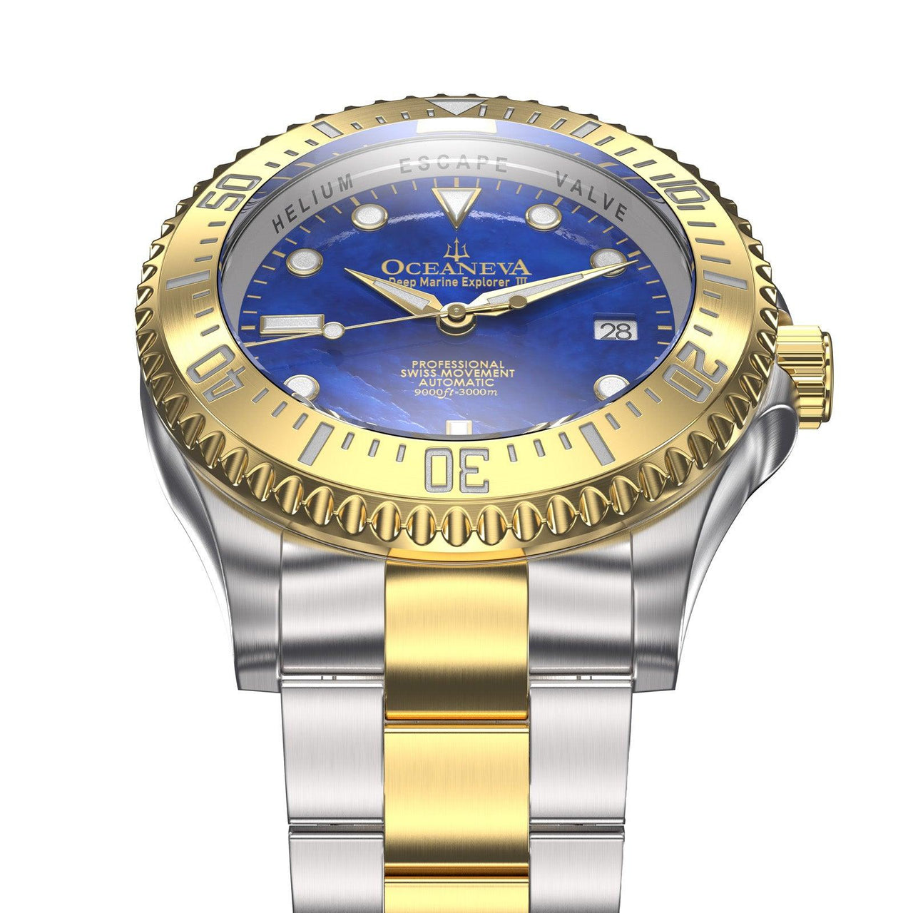 Oceaneva Men's Deep Marine Explorer III 3000M Pro Diver Watch Blue Mother of Pearl Dial Yellow Gold - YGIIIBLMP200BK 3000m, 3000M Dive Watch, 316L Stainless Steel, Automatic Watch, BGW9 Swiss Super-Luminova, Dive Watch, Sw-200 Swiss Made Automatic Movement, Sw200-1 Swiss Automatic Movement, Yellow Gold Watch