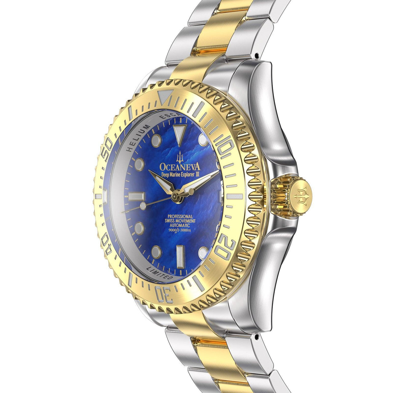 Oceaneva Men's Deep Marine Explorer III 3000M Pro Diver Watch Blue Mother of Pearl Dial Yellow Gold - YGIIIBLMP200BK 3000m, 3000M Dive Watch, 316L Stainless Steel, Automatic Watch, BGW9 Swiss Super-Luminova, Dive Watch, Sw-200 Swiss Made Automatic Movement, Sw200-1 Swiss Automatic Movement, Yellow Gold Watch