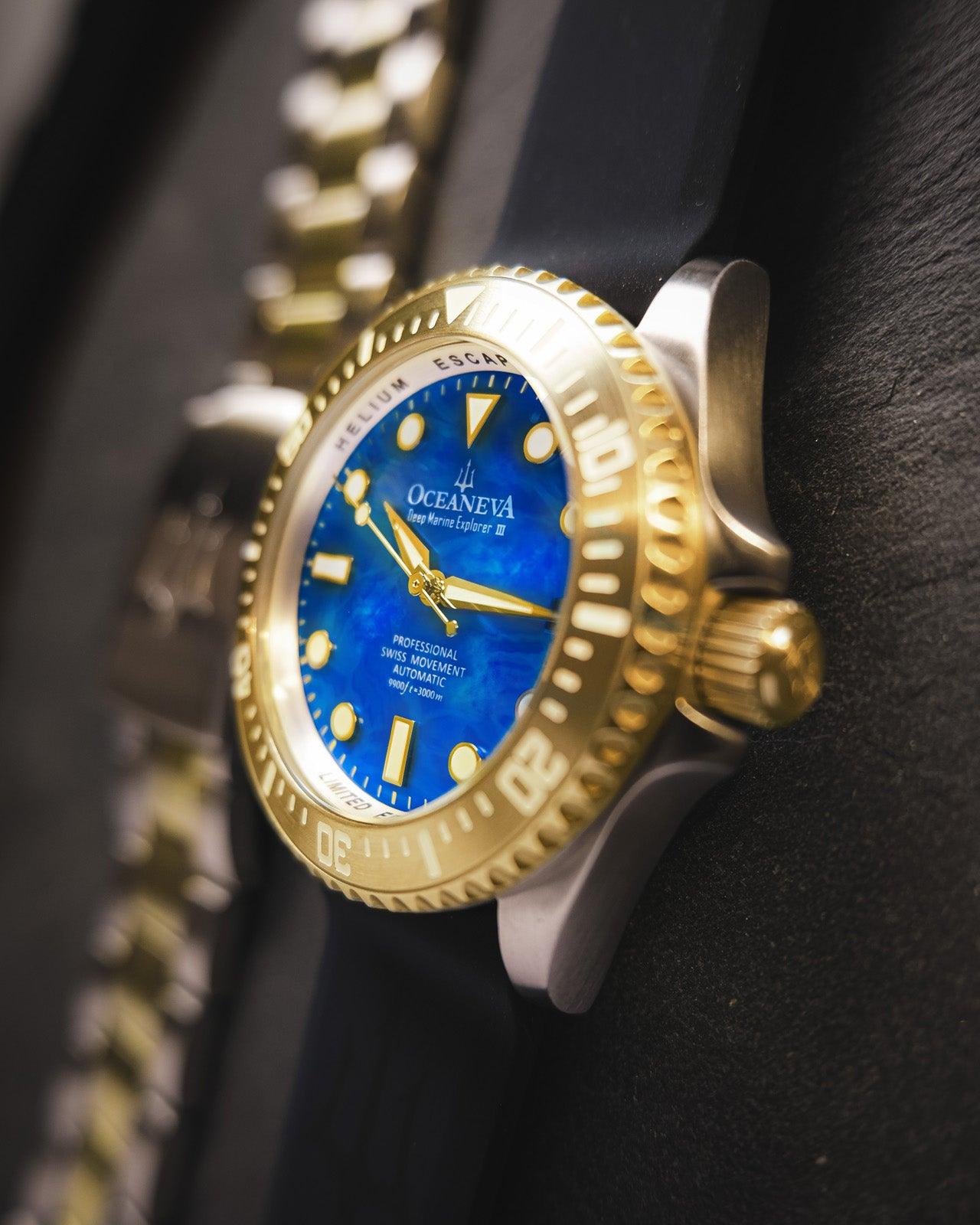 Oceaneva Men's Deep Marine Explorer III 3000M Pro Diver Watch Blue Mother of Pearl Dial Yellow Gold - YGIIIBLMP200BK 3000m, 3000M Dive Watch, 316L Stainless Steel, Automatic Watch, BGW9 Swiss Super-Luminova, Dive Watch, Sw-200 Swiss Made Automatic Movement, Sw200-1 Swiss Automatic Movement, Yellow Gold Watch