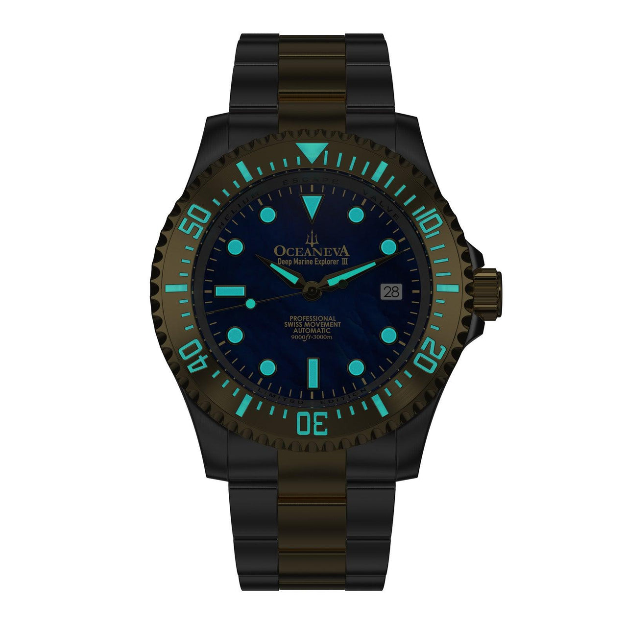 Oceaneva Men's Deep Marine Explorer III 3000M Pro Diver Watch Blue Mother of Pearl Dial Yellow Gold - YGIIIBLMP200BK 3000m, 3000M Dive Watch, 316L Stainless Steel, Automatic Watch, BGW9 Swiss Super-Luminova, Dive Watch, Sw-200 Swiss Made Automatic Movement, Sw200-1 Swiss Automatic Movement, Yellow Gold Watch