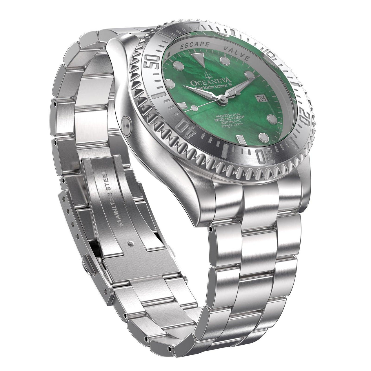 Oceaneva Men's Deep Marine Explorer III 3000M Pro Diver Watch Green Mother Of Pearl Dial - STIIIGRMP200ST 3000m, 3000M Dive Watch, 316L Stainless Steel, Automatic Watch, BGW9 Swiss Super-Luminova, Dive Watch, Mother of pearl dial, Sw200-1 Swiss Automatic Movement, Swiss automatic movement