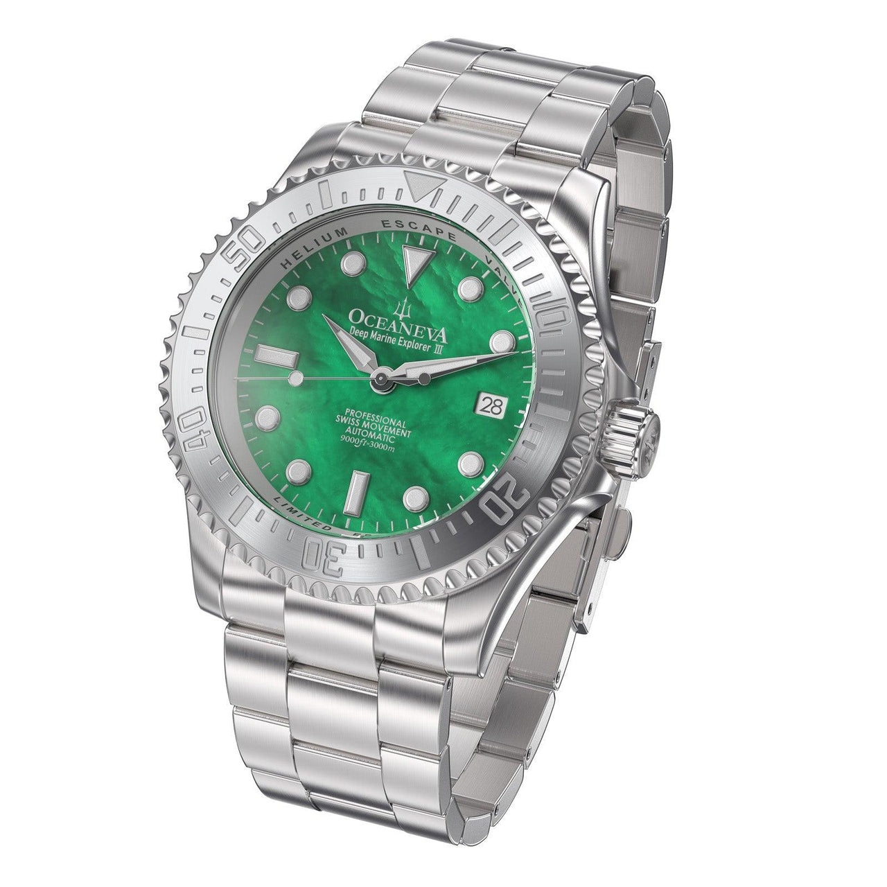 Oceaneva Men's Deep Marine Explorer III 3000M Pro Diver Watch Green Mother Of Pearl Dial - STIIIGRMP200ST 3000m, 3000M Dive Watch, 316L Stainless Steel, Automatic Watch, BGW9 Swiss Super-Luminova, Dive Watch, Mother of pearl dial, Sw200-1 Swiss Automatic Movement, Swiss automatic movement