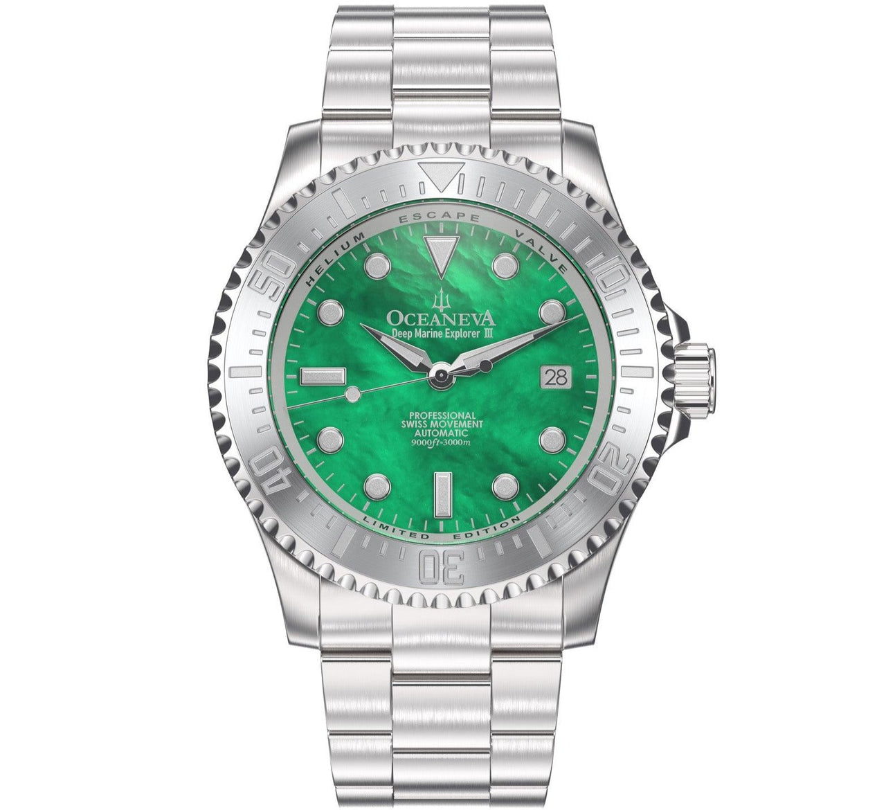 Oceaneva Men's Deep Marine Explorer III 3000M Pro Diver Watch Green Mother Of Pearl Dial - STIIIGRMP200ST 3000m, 3000M Dive Watch, 316L Stainless Steel, Automatic Watch, BGW9 Swiss Super-Luminova, Dive Watch, Mother of pearl dial, Sw200-1 Swiss Automatic Movement, Swiss automatic movement