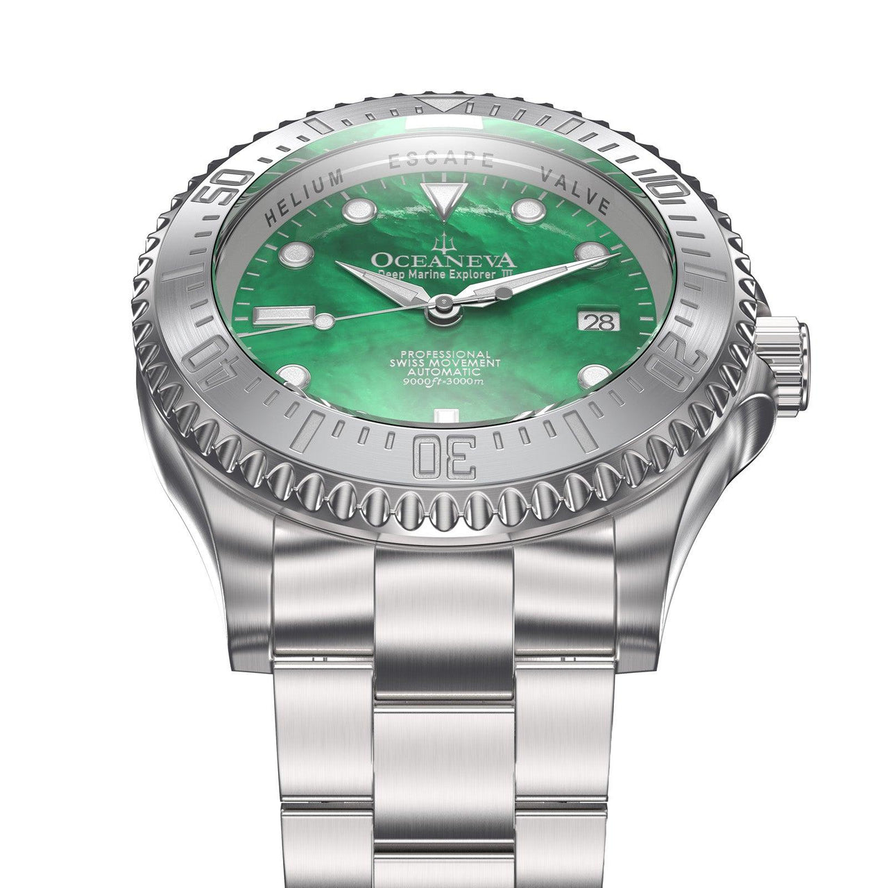 Oceaneva Men's Deep Marine Explorer III 3000M Pro Diver Watch Green Mother Of Pearl Dial - STIIIGRMP200ST 3000m, 3000M Dive Watch, 316L Stainless Steel, Automatic Watch, BGW9 Swiss Super-Luminova, Dive Watch, Mother of pearl dial, Sw200-1 Swiss Automatic Movement, Swiss automatic movement