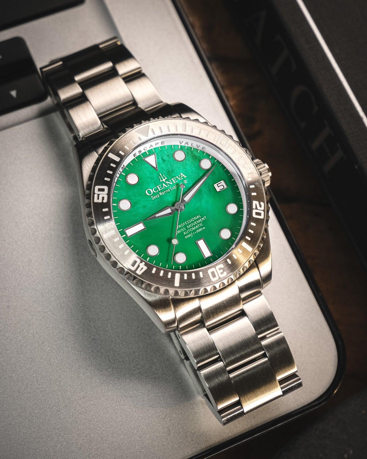 Oceaneva Men's Deep Marine Explorer III 3000M Pro Diver Watch Green Mother Of Pearl Dial - STIIIGRMP200ST 3000m, 3000M Dive Watch, 316L Stainless Steel, Automatic Watch, BGW9 Swiss Super-Luminova, Dive Watch, Mother of pearl dial, Sw200-1 Swiss Automatic Movement, Swiss automatic movement