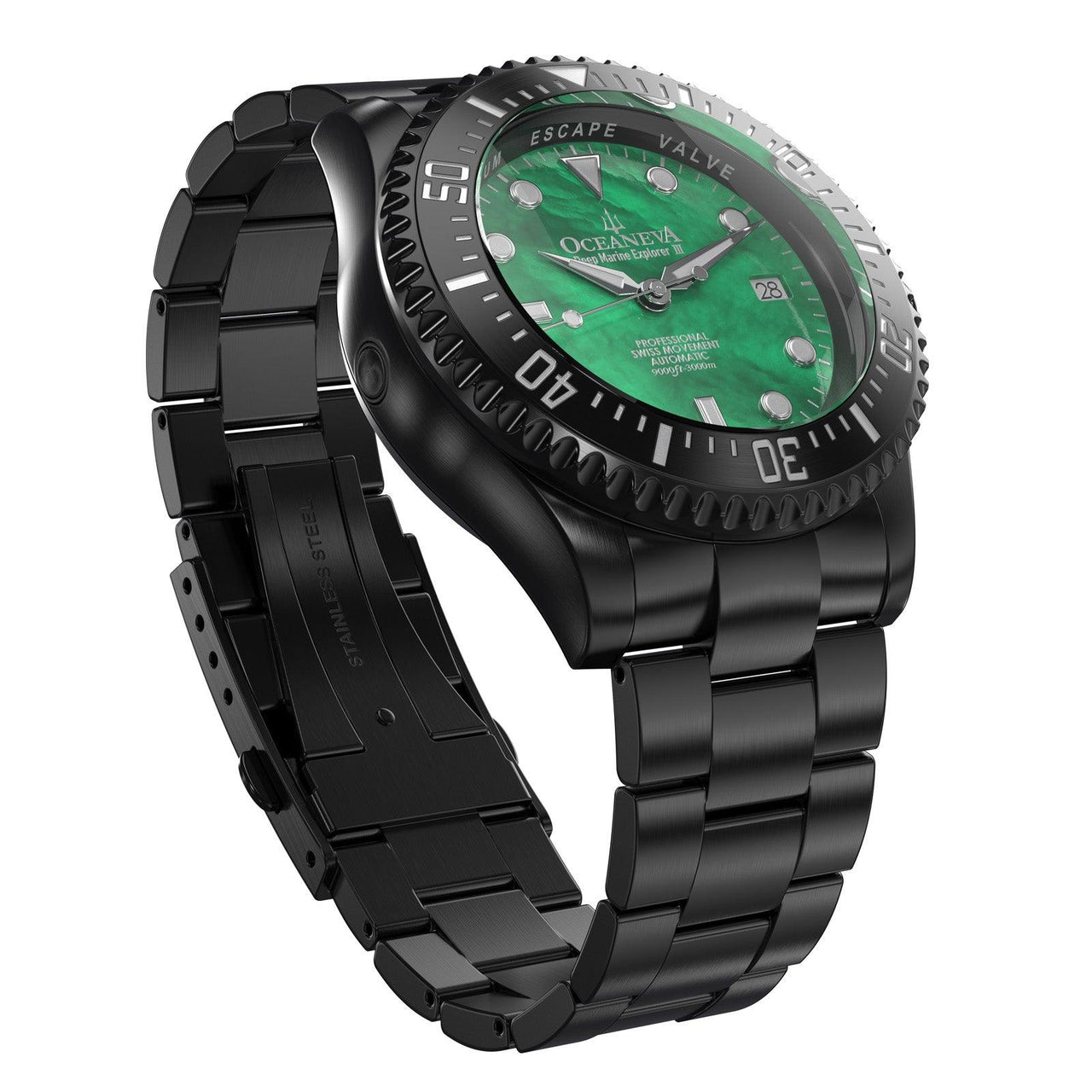 Oceaneva Men's Deep Marine Explorer III 3000M Pro Diver Watch Green Mother Of Pearl Dial Black IP - BKIIIGRMP200BK 3000m, 3000M Dive Watch, 316L Stainless Steel, Automatic Watch, BGW9 Swiss Super-Luminova, Dive Watch, Sw200-1 Swiss Automatic Movement