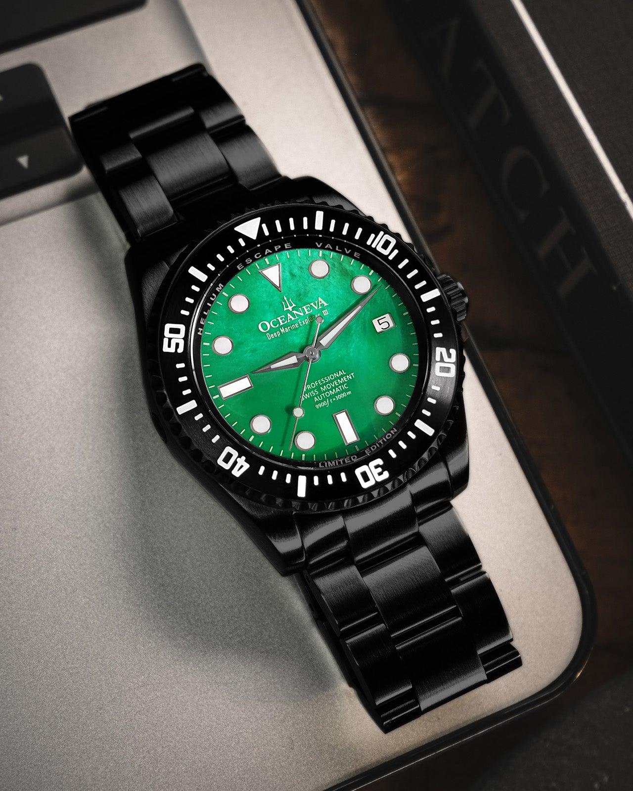 Oceaneva Men's Deep Marine Explorer III 3000M Pro Diver Watch Green Mother Of Pearl Dial Black IP - BKIIIGRMP200BK 3000m, 3000M Dive Watch, 316L Stainless Steel, Automatic Watch, BGW9 Swiss Super-Luminova, Dive Watch, Sw200-1 Swiss Automatic Movement