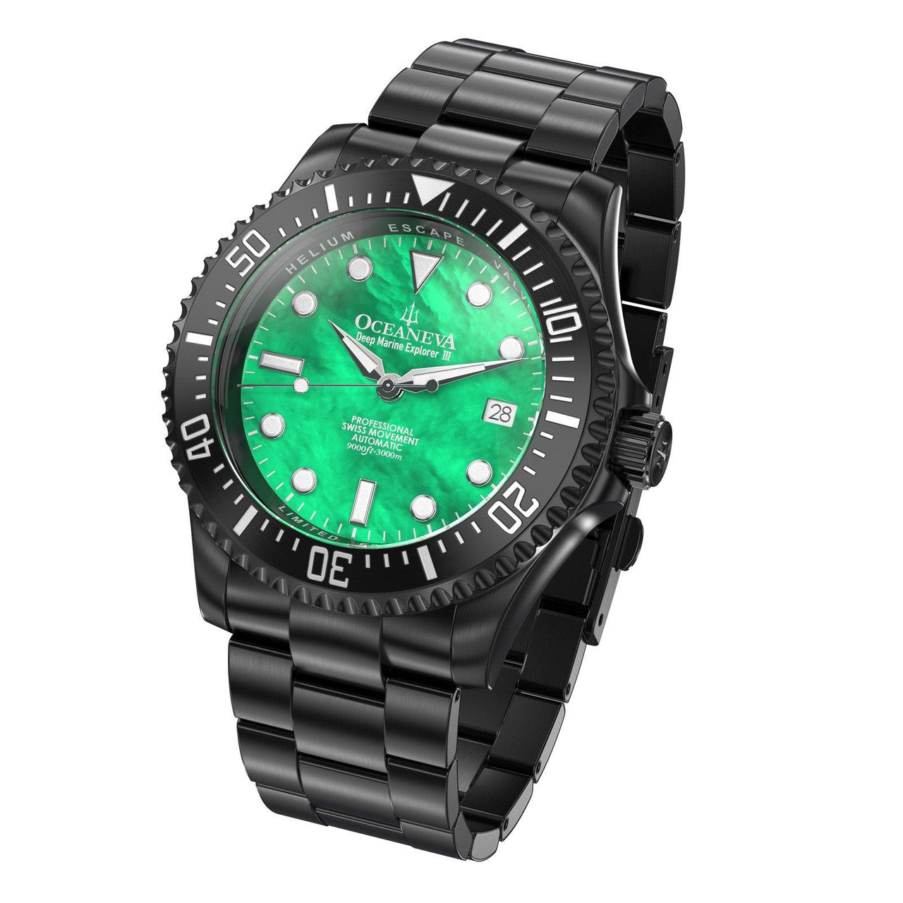 Oceaneva Men's Deep Marine Explorer III 3000M Pro Diver Watch Green Mother Of Pearl Dial Black IP - BKIIIGRMP200BK 3000m, 3000M Dive Watch, 316L Stainless Steel, Automatic Watch, BGW9 Swiss Super-Luminova, Dive Watch, Sw200-1 Swiss Automatic Movement