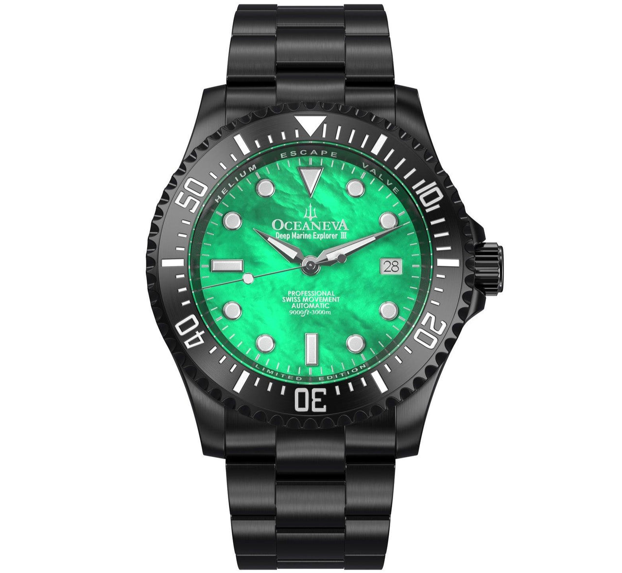 Oceaneva Men's Deep Marine Explorer III 3000M Pro Diver Watch Green Mother Of Pearl Dial Black IP - BKIIIGRMP200BK 3000m, 3000M Dive Watch, 316L Stainless Steel, Automatic Watch, BGW9 Swiss Super-Luminova, Dive Watch, Sw200-1 Swiss Automatic Movement