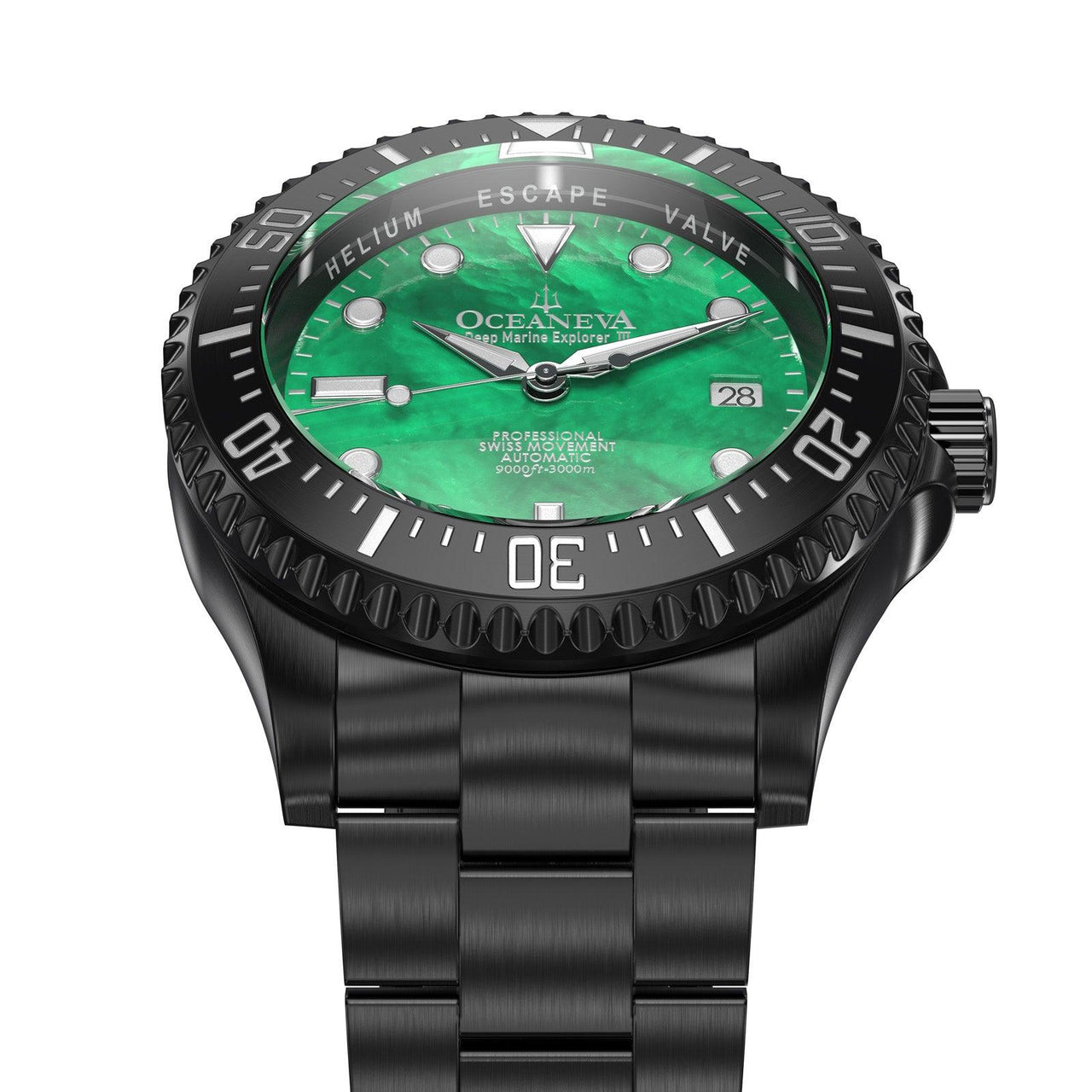 Oceaneva Men's Deep Marine Explorer III 3000M Pro Diver Watch Green Mother Of Pearl Dial Black IP - BKIIIGRMP200BK 3000m, 3000M Dive Watch, 316L Stainless Steel, Automatic Watch, BGW9 Swiss Super-Luminova, Dive Watch, Sw200-1 Swiss Automatic Movement