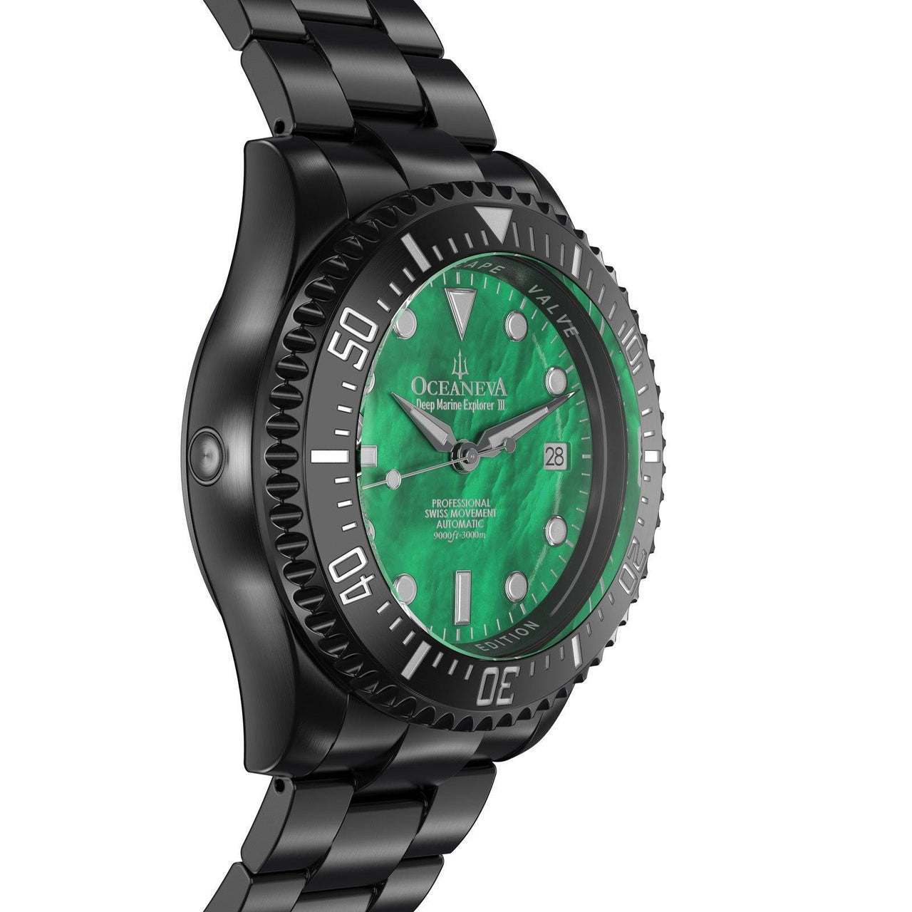 Oceaneva Men's Deep Marine Explorer III 3000M Pro Diver Watch Green Mother Of Pearl Dial Black IP - BKIIIGRMP200BK 3000m, 3000M Dive Watch, 316L Stainless Steel, Automatic Watch, BGW9 Swiss Super-Luminova, Dive Watch, Sw200-1 Swiss Automatic Movement