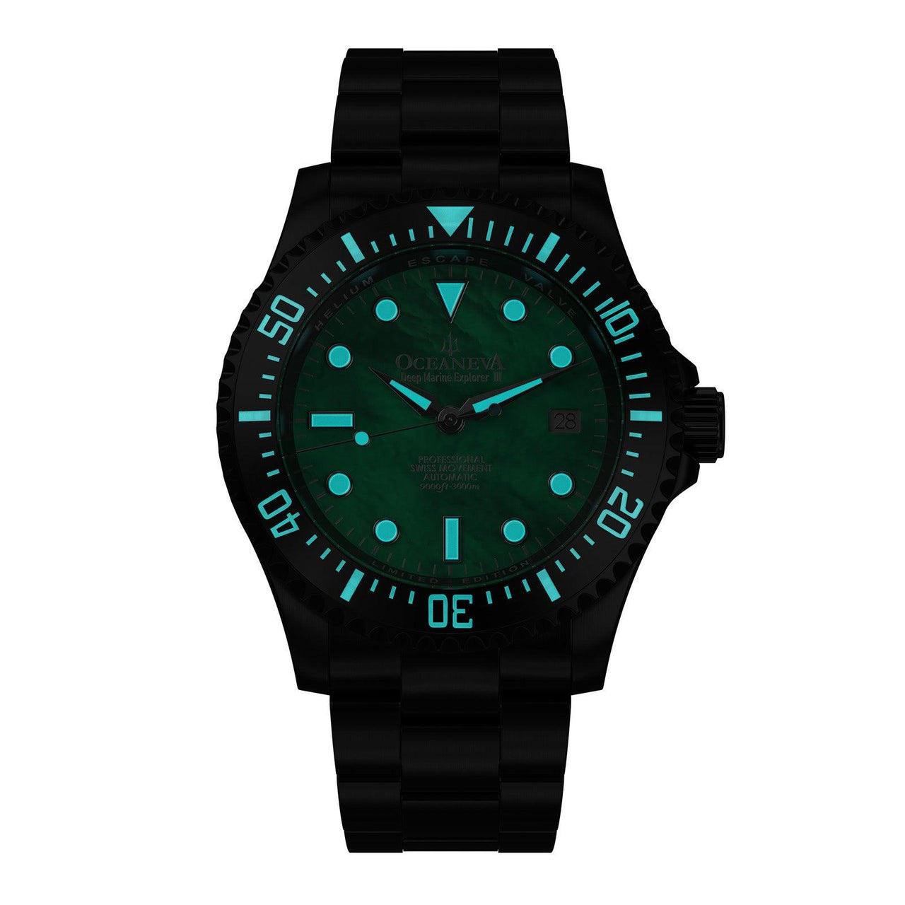 Oceaneva Men's Deep Marine Explorer III 3000M Pro Diver Watch Green Mother Of Pearl Dial Black IP - BKIIIGRMP200BK 3000m, 3000M Dive Watch, 316L Stainless Steel, Automatic Watch, BGW9 Swiss Super-Luminova, Dive Watch, Sw200-1 Swiss Automatic Movement