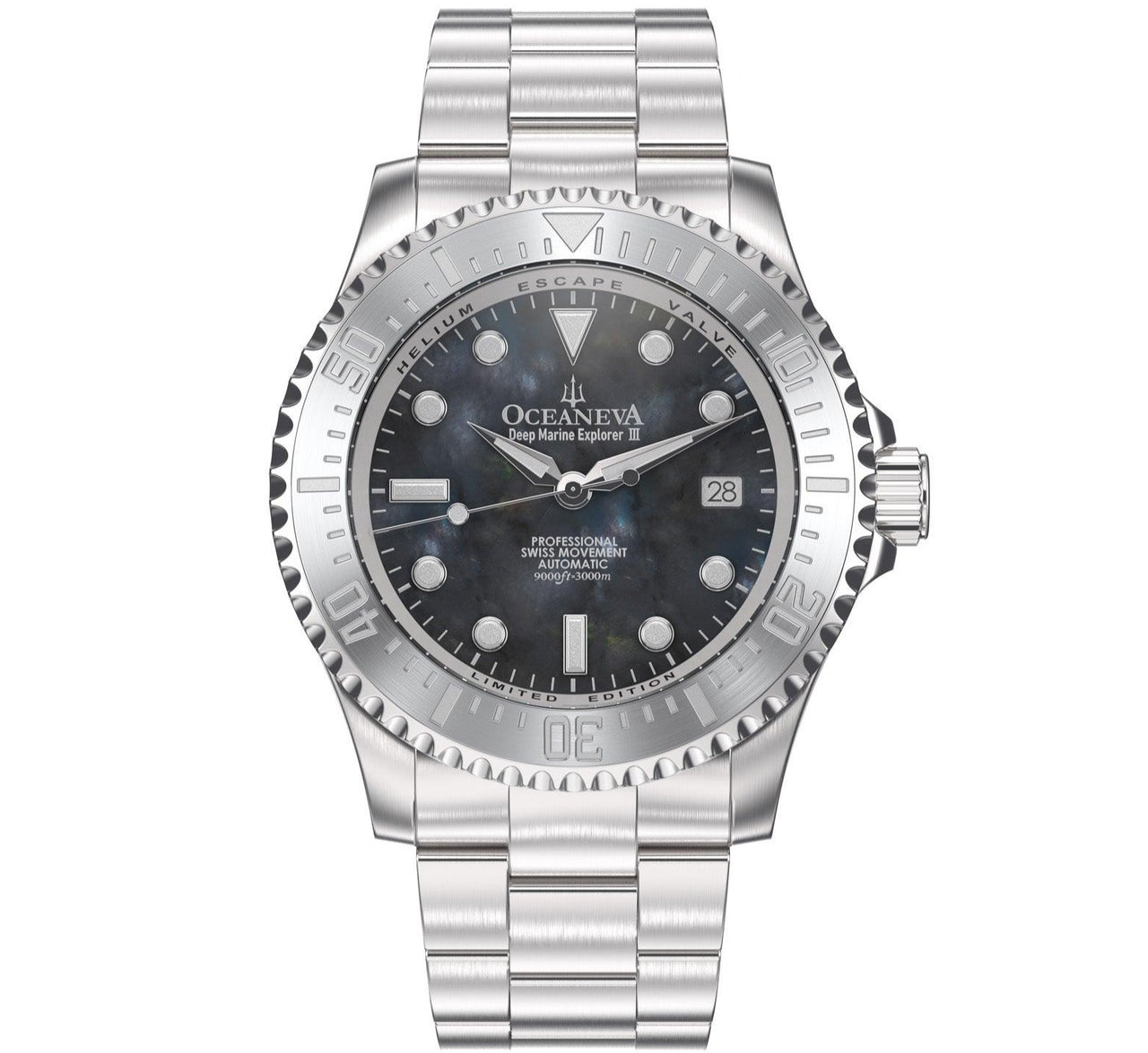 Oceaneva Men's Deep Marine Explorer III 3000M Pro Diver Watch Gun Metal Gray Mother Of Pearl Dial - STIIIGMMP200ST 3000m, 3000M Dive Watch, 316L Stainless Steel, Automatic Watch, BGW9 Swiss Super-Luminova, Dive Watch, Sw200-1 Swiss Automatic Movement