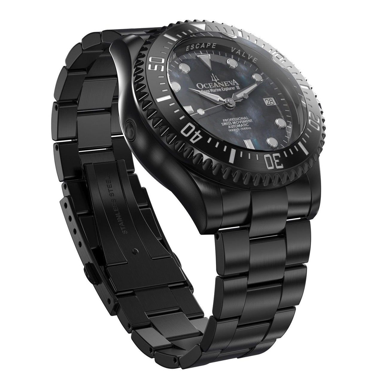 Oceaneva Men's Deep Marine Explorer III 3000M Pro Diver Watch Gun Metal Gray Mother Of Pearl Dial Black IP - BKIIIGMMP200BK 3000m, 3000M Dive Watch, 316L Stainless Steel, Automatic Watch, BGW9 Swiss Super-Luminova, Dive Watch, Sw200-1 Swiss Automatic Movement