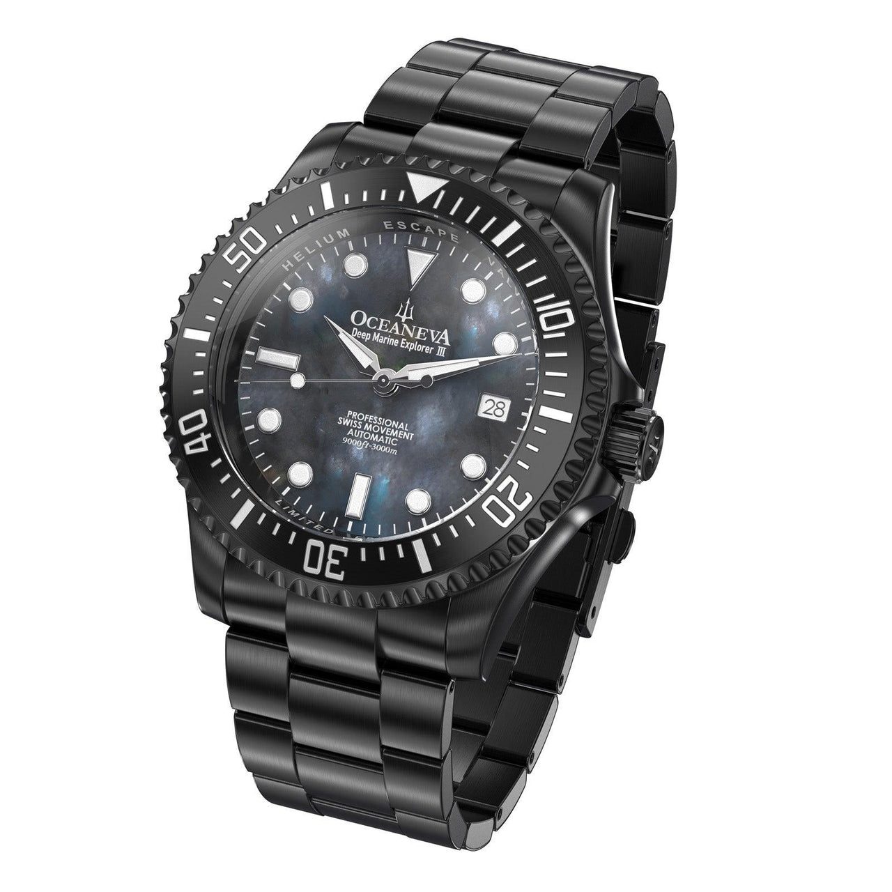 Oceaneva Men's Deep Marine Explorer III 3000M Pro Diver Watch Gun Metal Gray Mother Of Pearl Dial Black IP - BKIIIGMMP200BK 3000m, 3000M Dive Watch, 316L Stainless Steel, Automatic Watch, BGW9 Swiss Super-Luminova, Dive Watch, Sw200-1 Swiss Automatic Movement