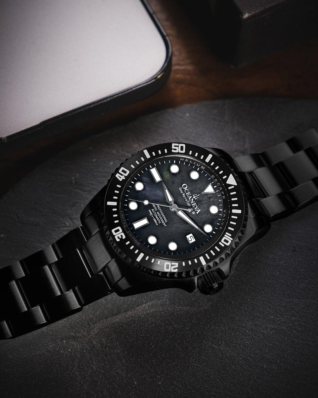 Oceaneva Men's Deep Marine Explorer III 3000M Pro Diver Watch Gun Metal Gray Mother Of Pearl Dial Black IP - BKIIIGMMP200BK 3000m, 3000M Dive Watch, 316L Stainless Steel, Automatic Watch, BGW9 Swiss Super-Luminova, Dive Watch, Sw200-1 Swiss Automatic Movement