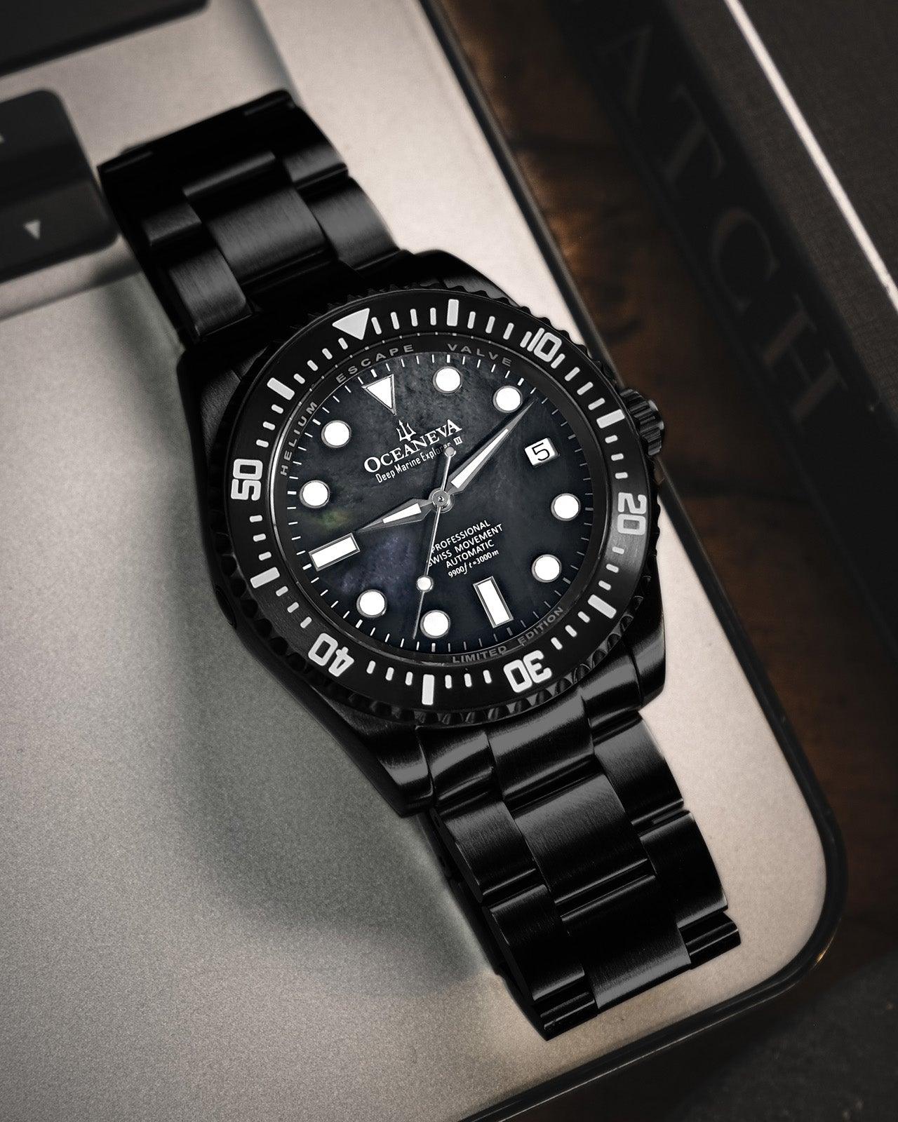 Oceaneva Men's Deep Marine Explorer III 3000M Pro Diver Watch Gun Metal Gray Mother Of Pearl Dial Black IP - BKIIIGMMP200BK 3000m, 3000M Dive Watch, 316L Stainless Steel, Automatic Watch, BGW9 Swiss Super-Luminova, Dive Watch, Sw200-1 Swiss Automatic Movement