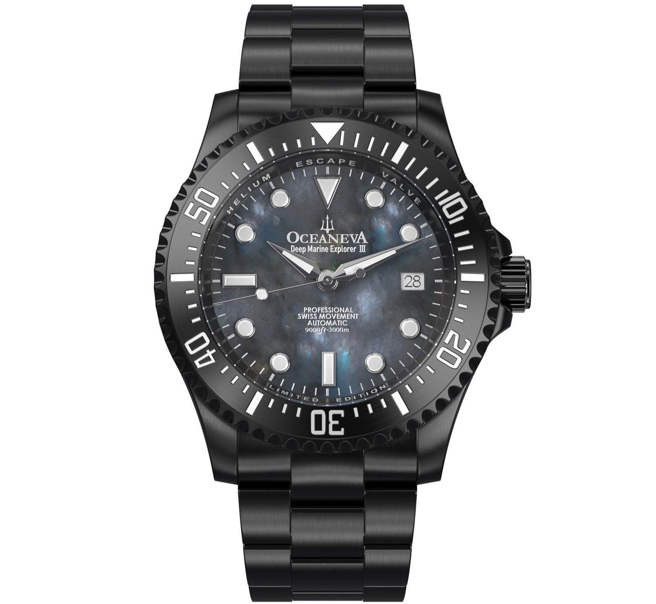 Oceaneva Men's Deep Marine Explorer III 3000M Pro Diver Watch Gun Metal Gray Mother Of Pearl Dial Black IP - BKIIIGMMP200BK 3000m, 3000M Dive Watch, 316L Stainless Steel, Automatic Watch, BGW9 Swiss Super-Luminova, Dive Watch, Sw200-1 Swiss Automatic Movement