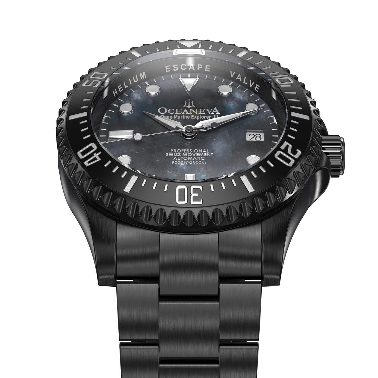 Oceaneva Men's Deep Marine Explorer III 3000M Pro Diver Watch Gun Metal Gray Mother Of Pearl Dial Black IP - BKIIIGMMP200BK 3000m, 3000M Dive Watch, 316L Stainless Steel, Automatic Watch, BGW9 Swiss Super-Luminova, Dive Watch, Sw200-1 Swiss Automatic Movement