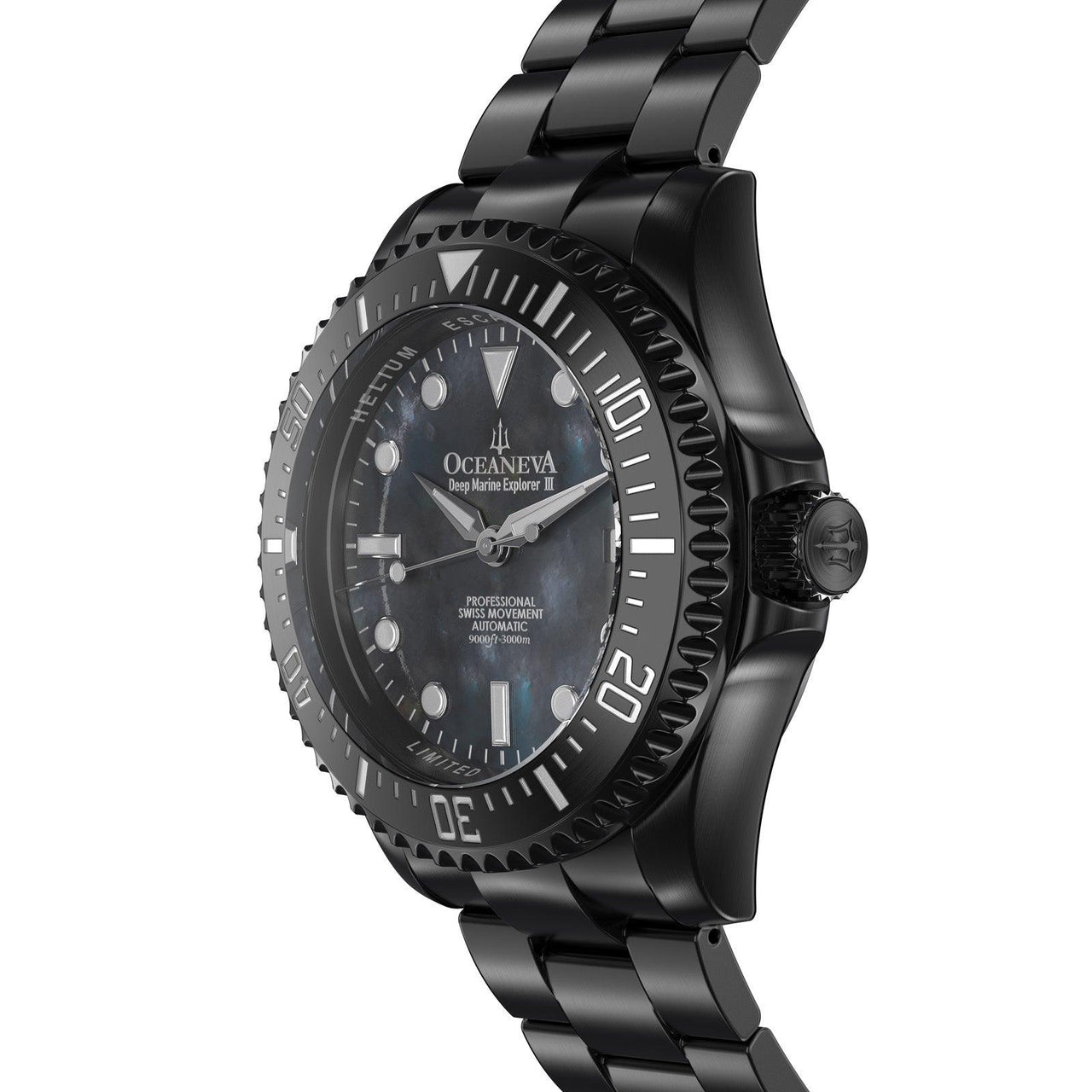 Oceaneva Men's Deep Marine Explorer III 3000M Pro Diver Watch Gun Metal Gray Mother Of Pearl Dial Black IP - BKIIIGMMP200BK 3000m, 3000M Dive Watch, 316L Stainless Steel, Automatic Watch, BGW9 Swiss Super-Luminova, Dive Watch, Sw200-1 Swiss Automatic Movement