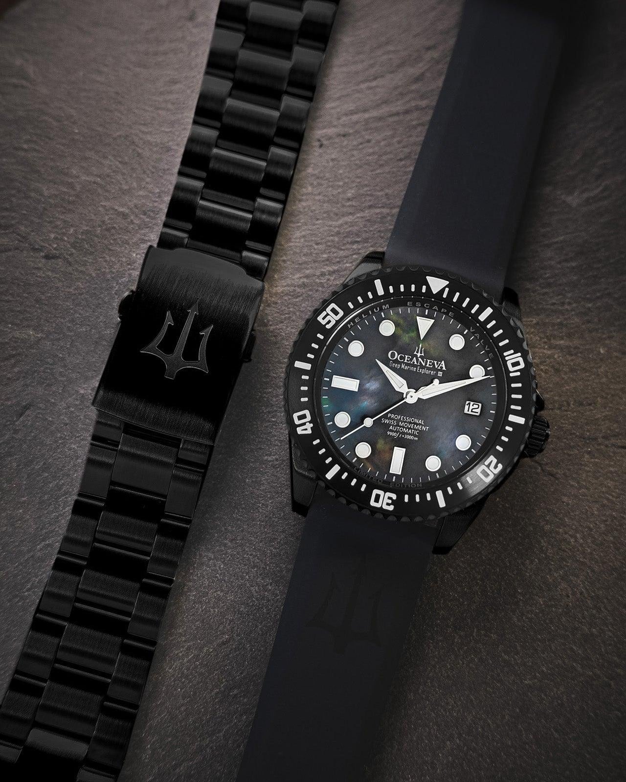 Oceaneva Men's Deep Marine Explorer III 3000M Pro Diver Watch Gun Metal Gray Mother Of Pearl Dial Black IP - BKIIIGMMP200BK 3000m, 3000M Dive Watch, 316L Stainless Steel, Automatic Watch, BGW9 Swiss Super-Luminova, Dive Watch, Sw200-1 Swiss Automatic Movement