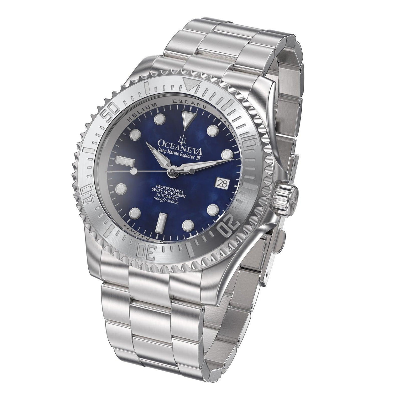 Oceaneva Men's Deep Marine Explorer III 3000M Pro Diver Watch Navy Mother Of Pearl Dial - STIIINBMP200ST 3000m, 3000M Dive Watch, 316L Stainless Steel, Automatic Watch, BGW9 Swiss Super-Luminova, Dive Watch, Sw200-1 Swiss Automatic Movement