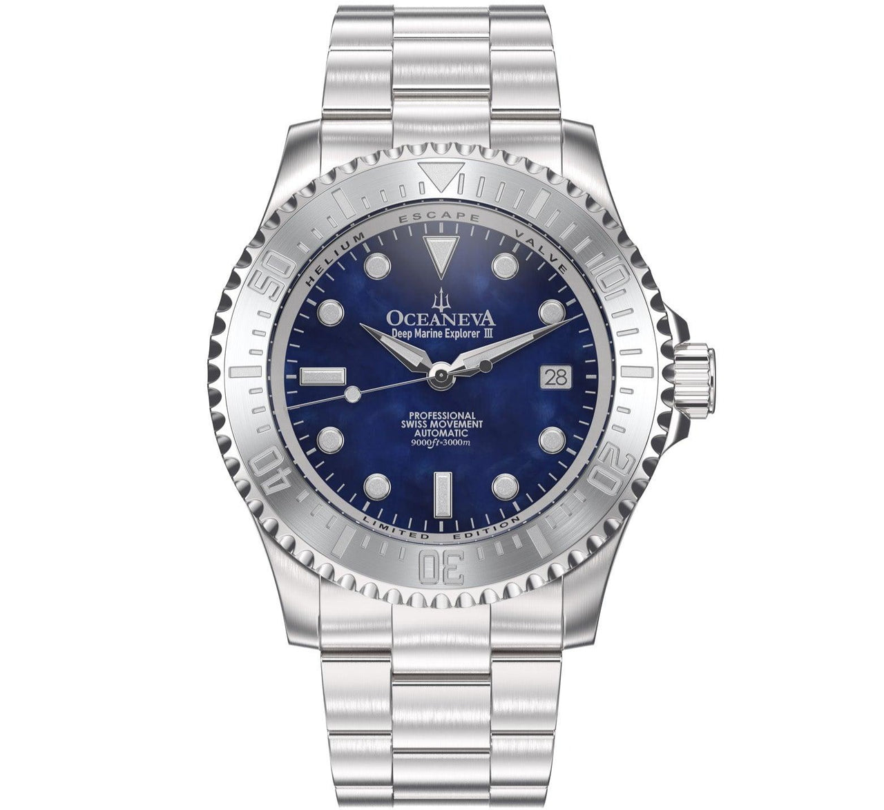 Oceaneva Men's Deep Marine Explorer III 3000M Pro Diver Watch Navy Mother Of Pearl Dial - STIIINBMP200ST 3000m, 3000M Dive Watch, 316L Stainless Steel, Automatic Watch, BGW9 Swiss Super-Luminova, Dive Watch, Sw200-1 Swiss Automatic Movement